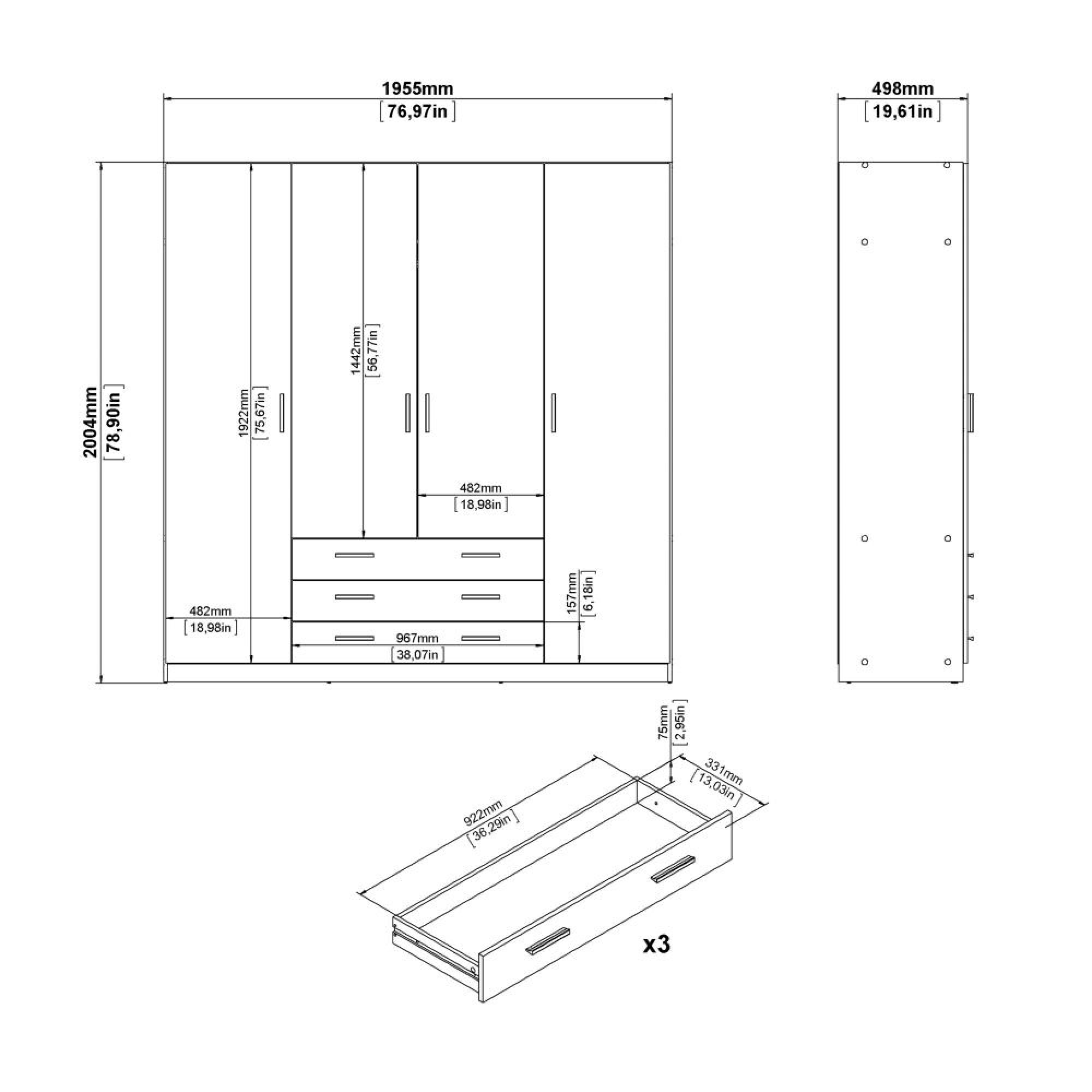 Sprint Wardrobe - 4 Door - 3 Drawer - Matt Grey