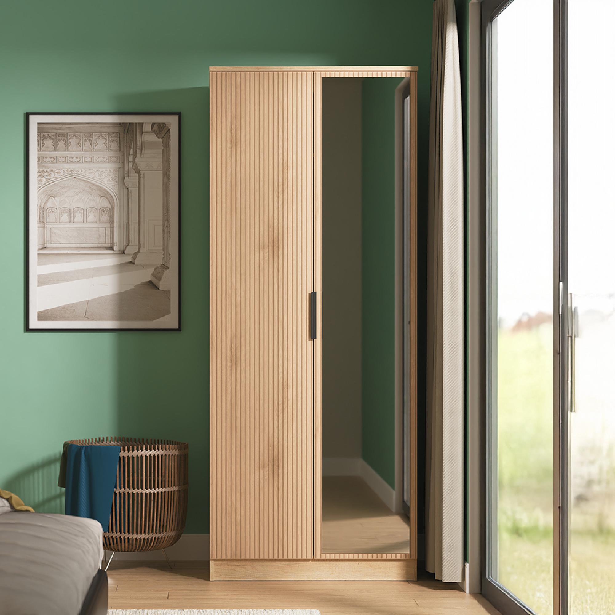 Java Fluted Wardrobe - 2 Door - 1 Mirror - Natural and Nebraska