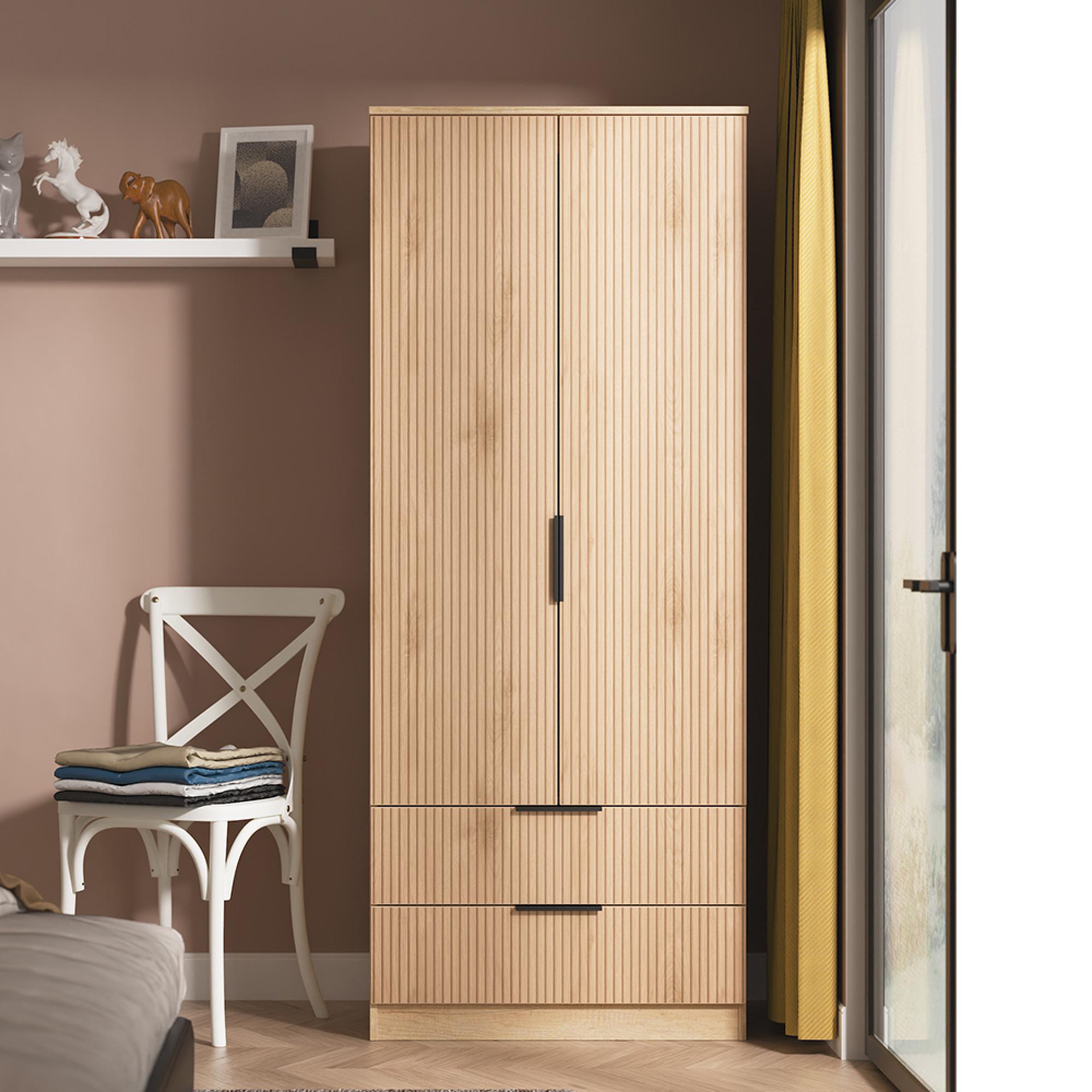 Java Fluted Wardrobe - 2 Door - 2 Drawer - Natural and Nebraska