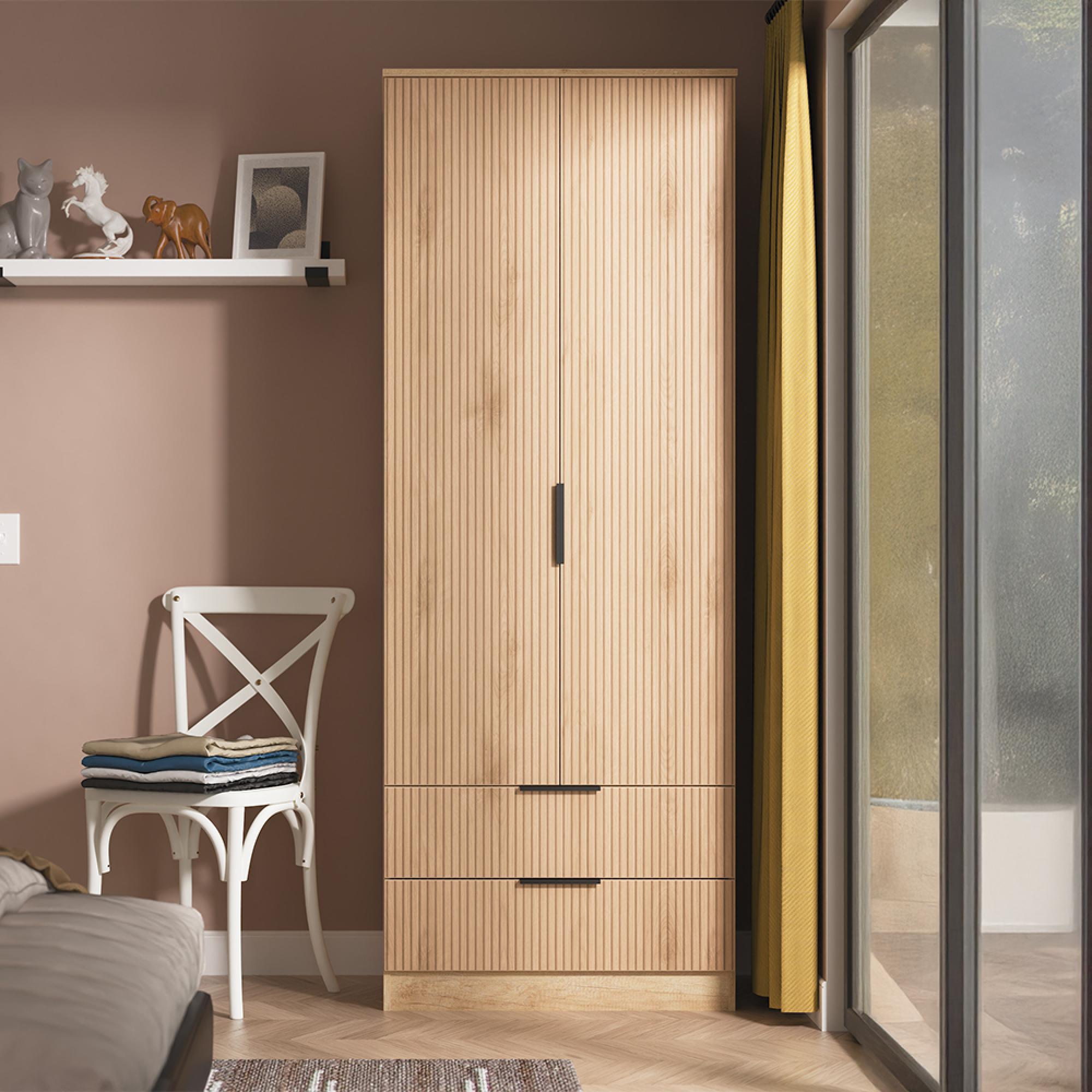 Java Fluted Wardrobe - 2 Door - 2 Drawer - Tall Robe - Natural and Nebraska