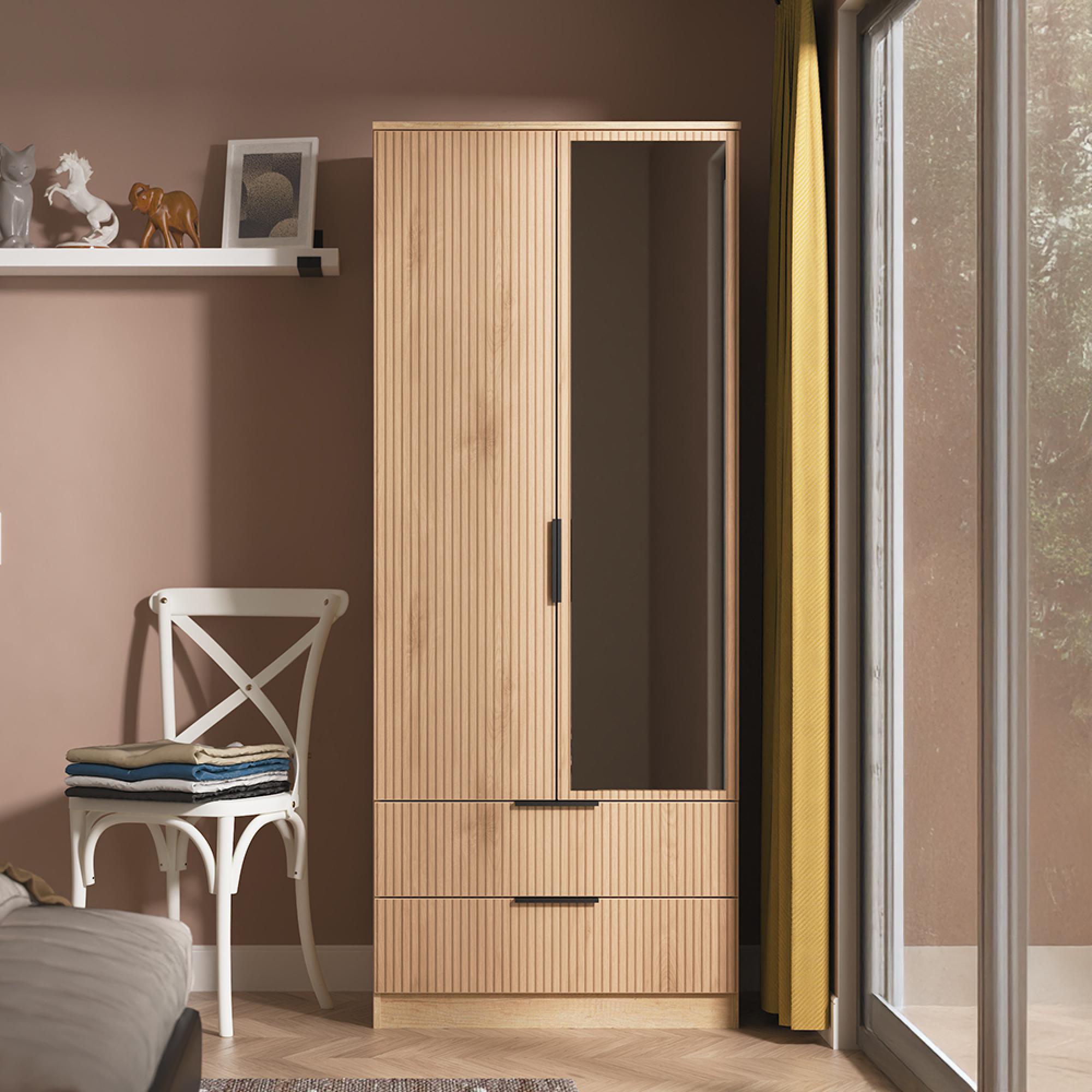 Java Fluted Wardrobe - 2 Door - Combi - 1 Mirror - Natural and Nebraska
