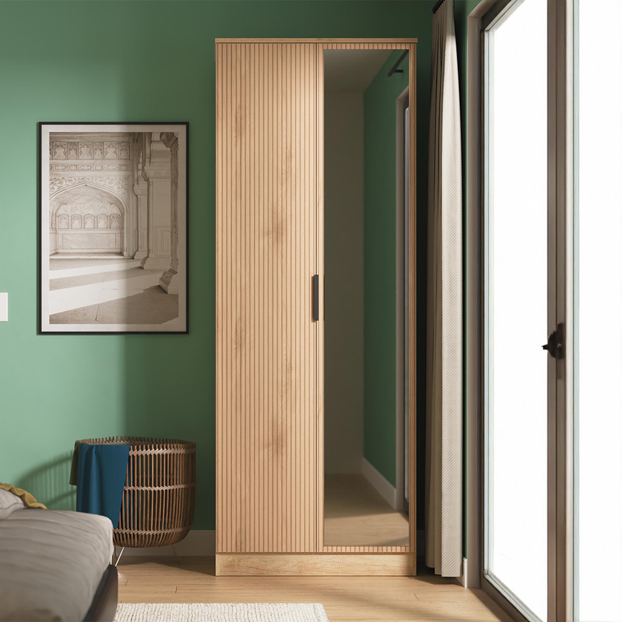 Java Fluted Wardrobe - 2 Door - Tall - 1 Mirror - Natural and Nebraska