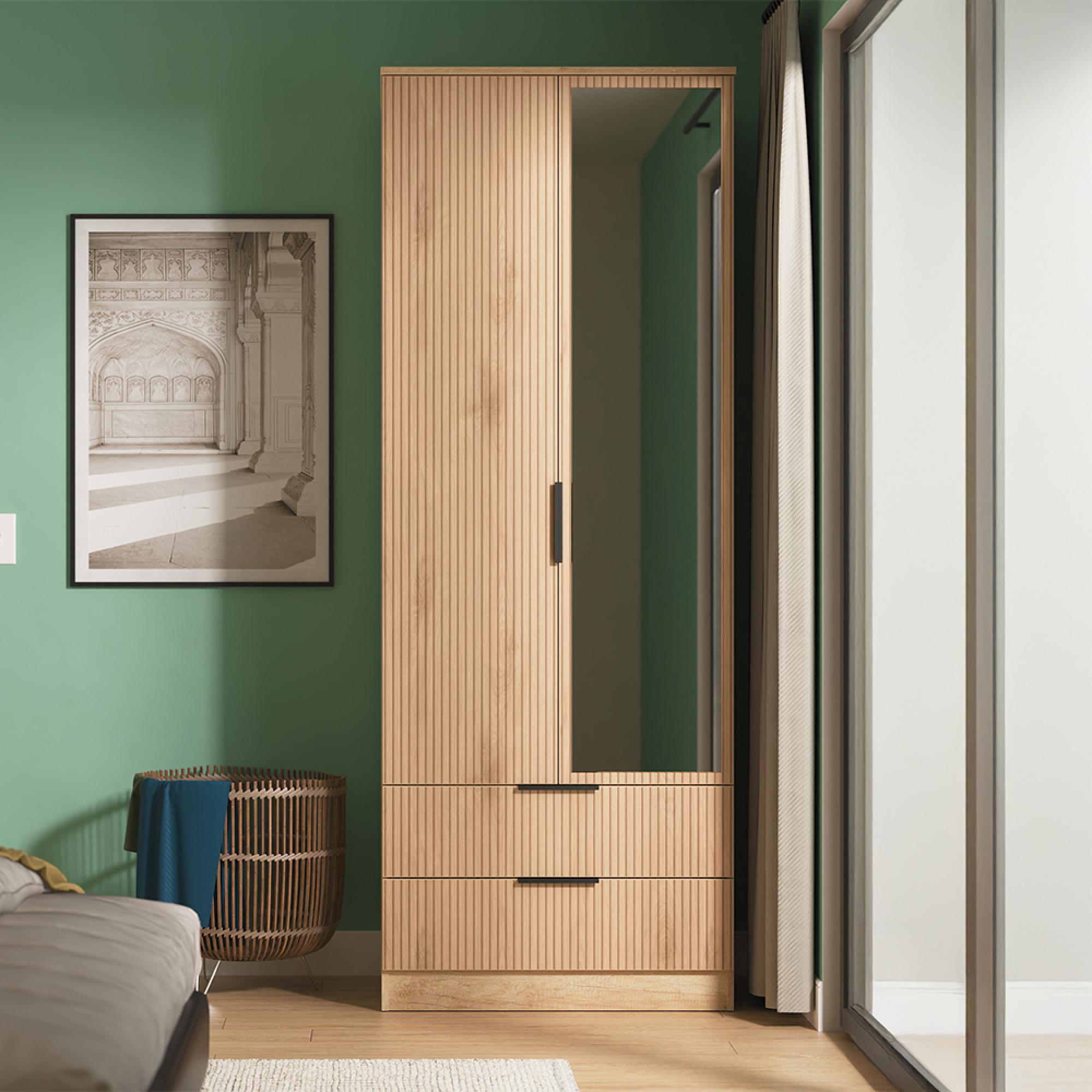 Java Fluted Wardrobe - 2 Door - Tall Combi - 1 Mirror - Natural and Nebraska