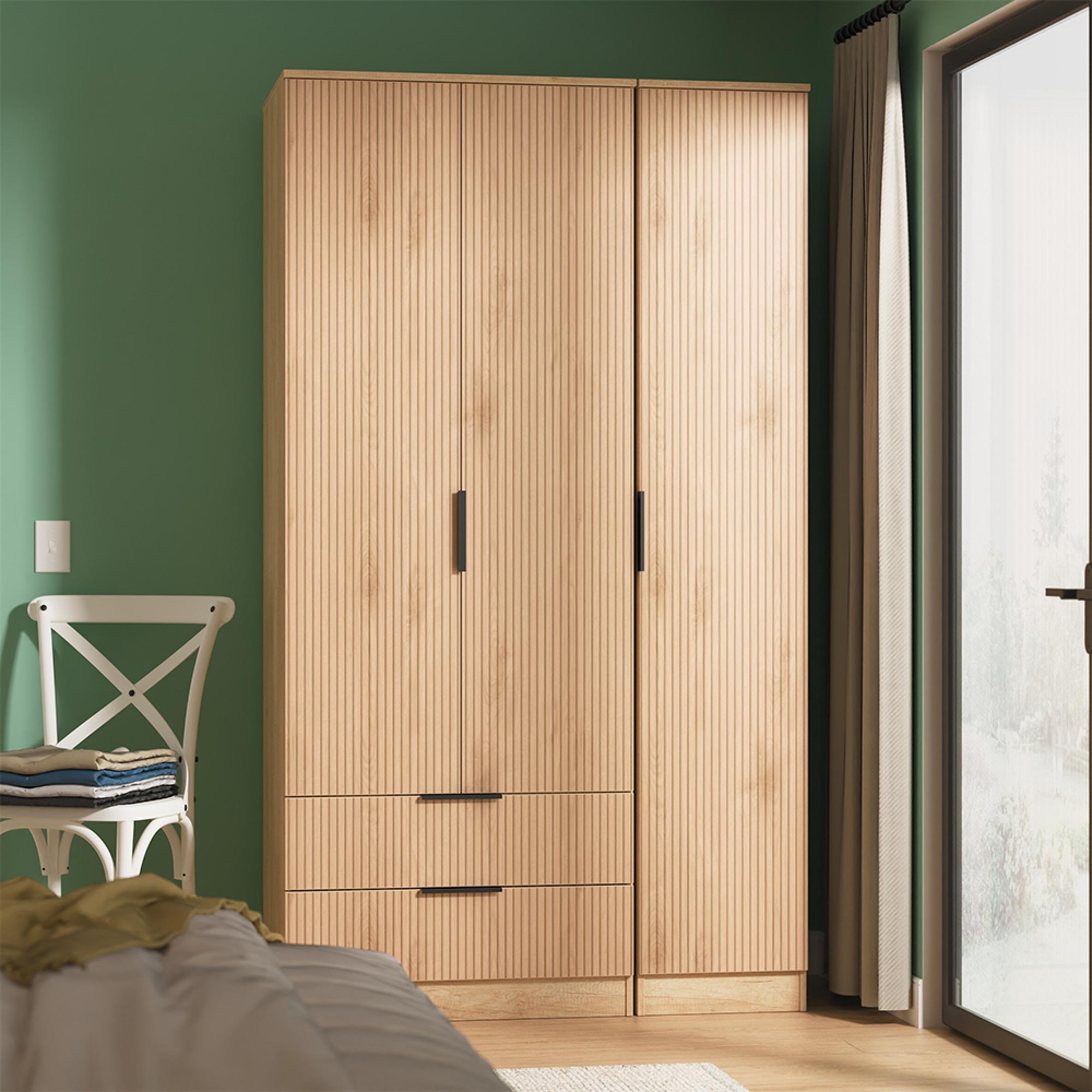 Java Fluted Wardrobe - 3 Door - 2 Drawer - Tall Triple - Natural and Nebraska