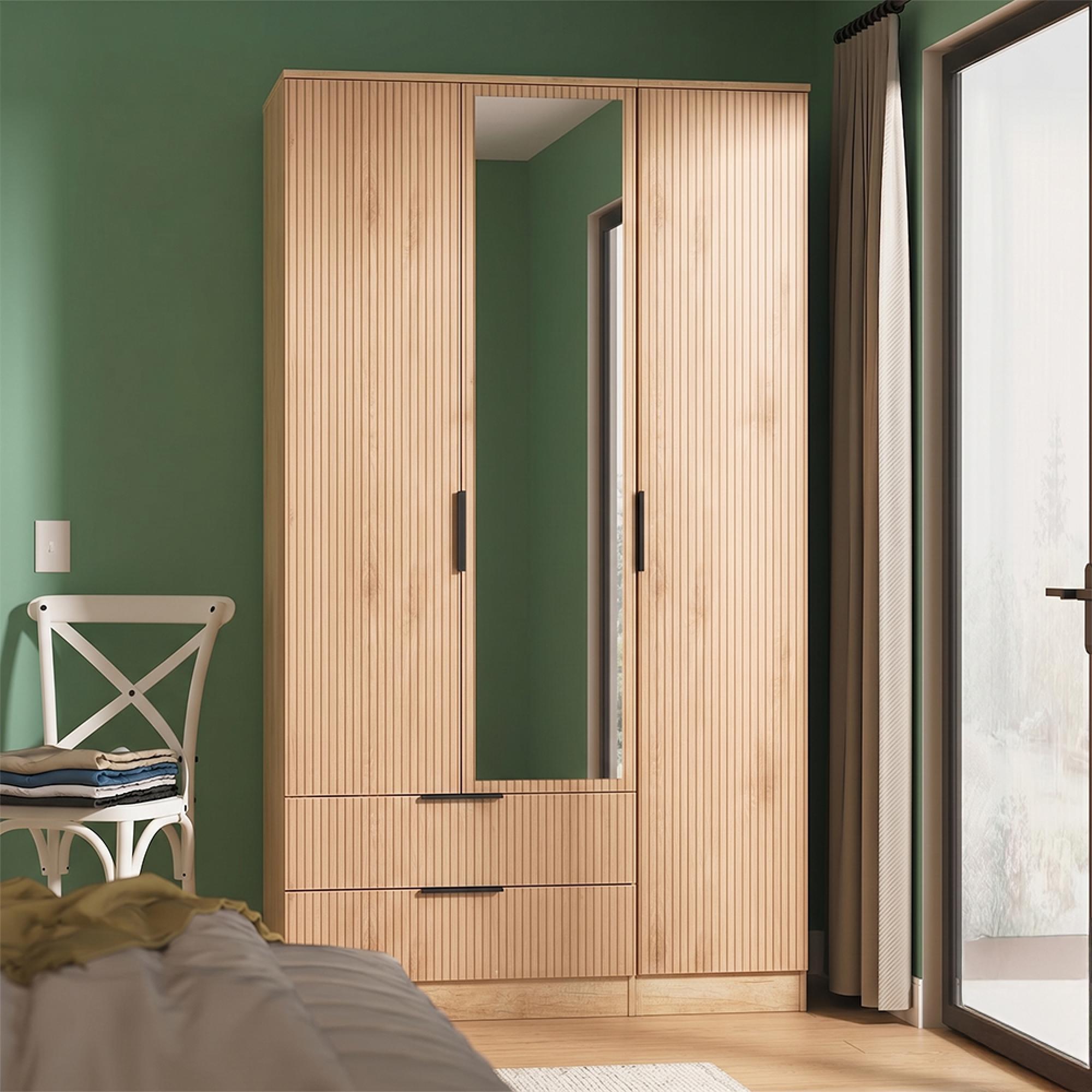 Java Fluted Wardrobe - 3 Door - Tall Triple Combi - 1 Mirror - Natural and Nebraska
