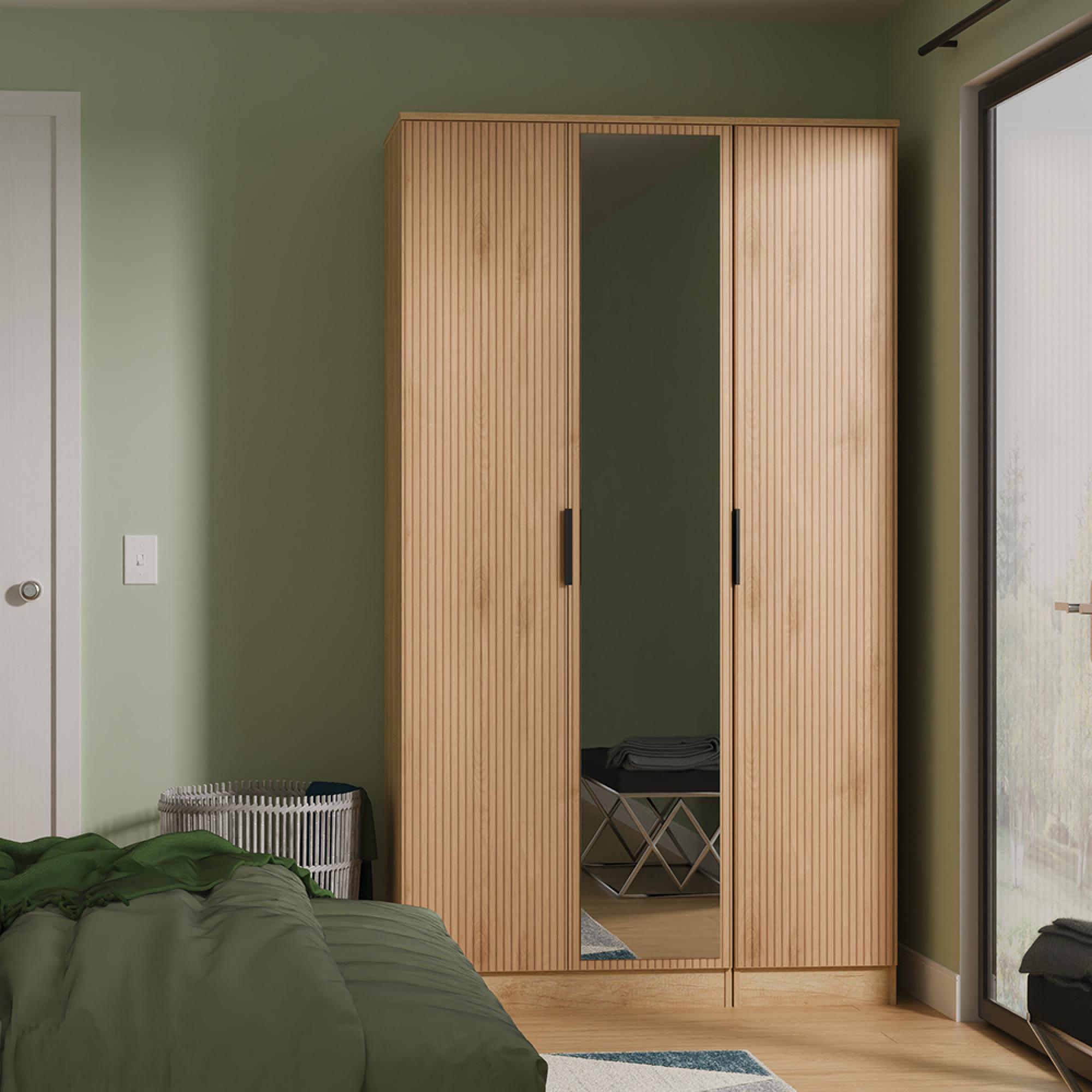 Java Fluted Wardrobe - 3 Door - Tall Triple Robe - 1 Mirror - Natural and Nebraska