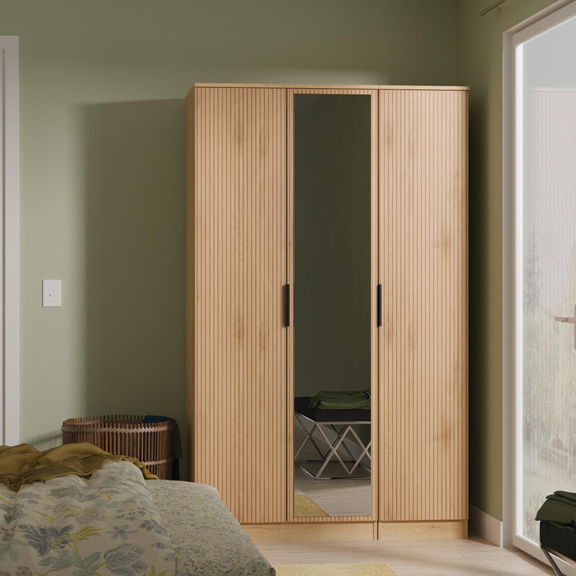 Java Fluted Wardrobe - 3 Door - Triple - 1 Mirror - Natural and Nebraska