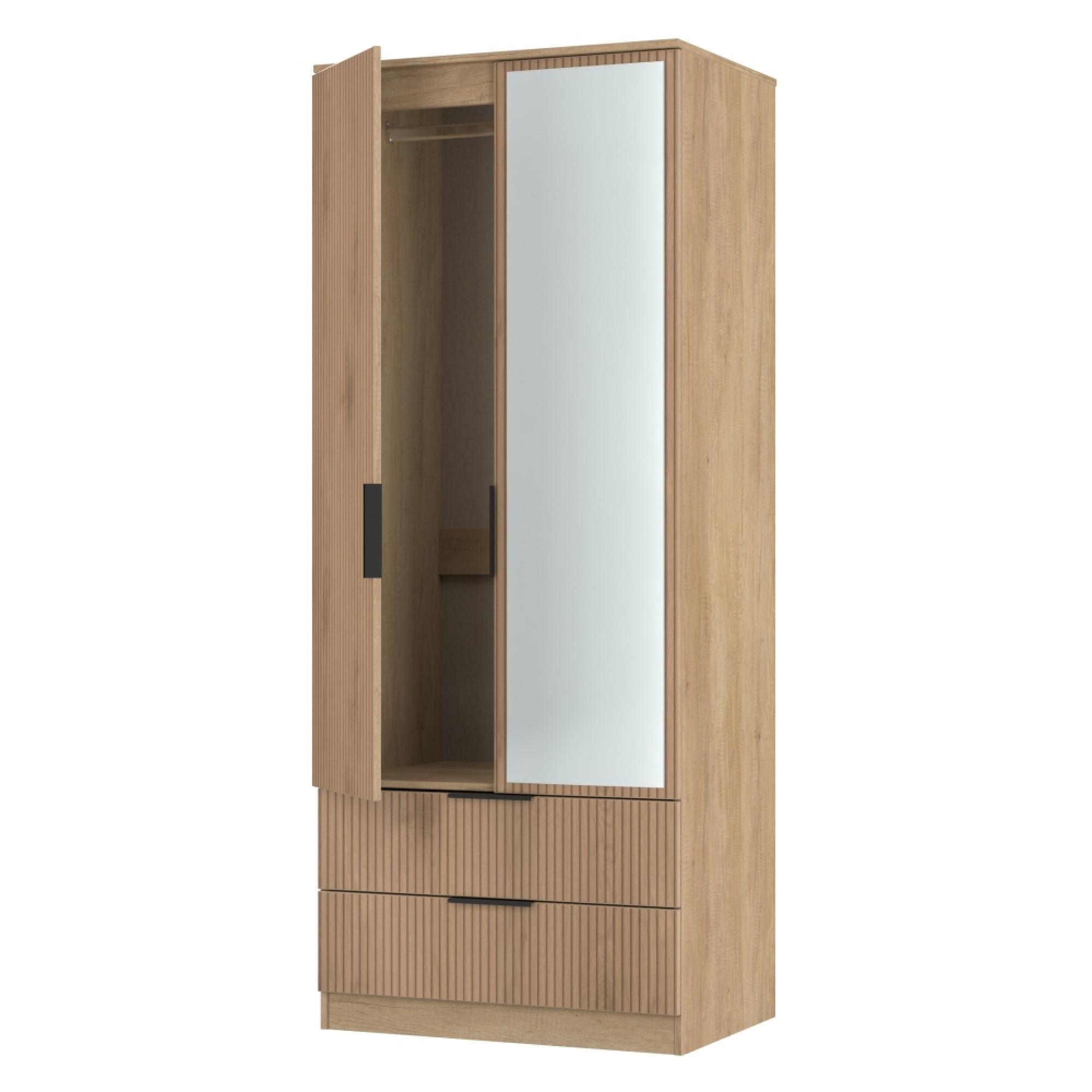 Java Fluted Wardrobe - 2 Door - Combi - 1 Mirror - Natural and Nebraska