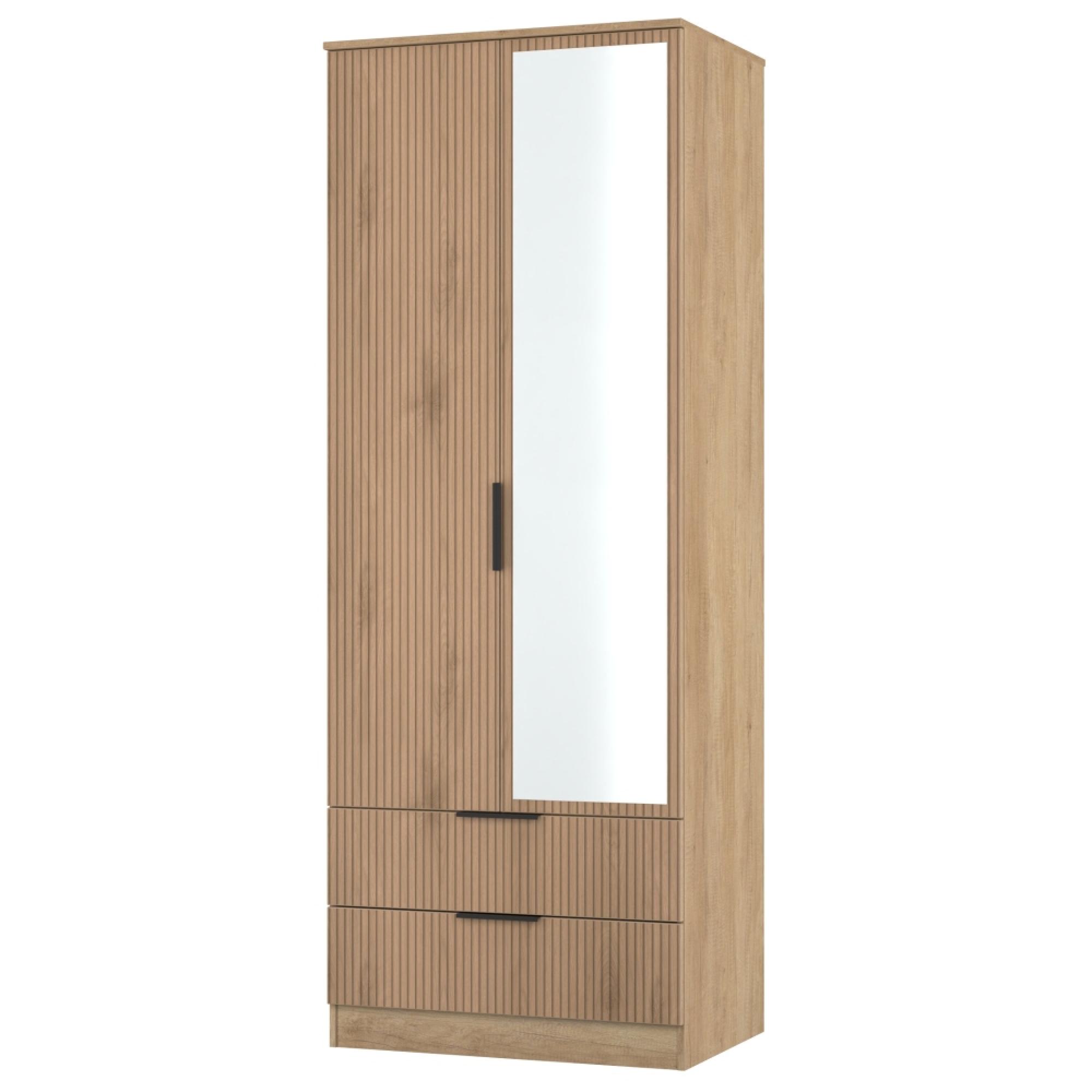 Java Fluted Wardrobe - 2 Door - Tall Combi - 1 Mirror - Natural and Nebraska