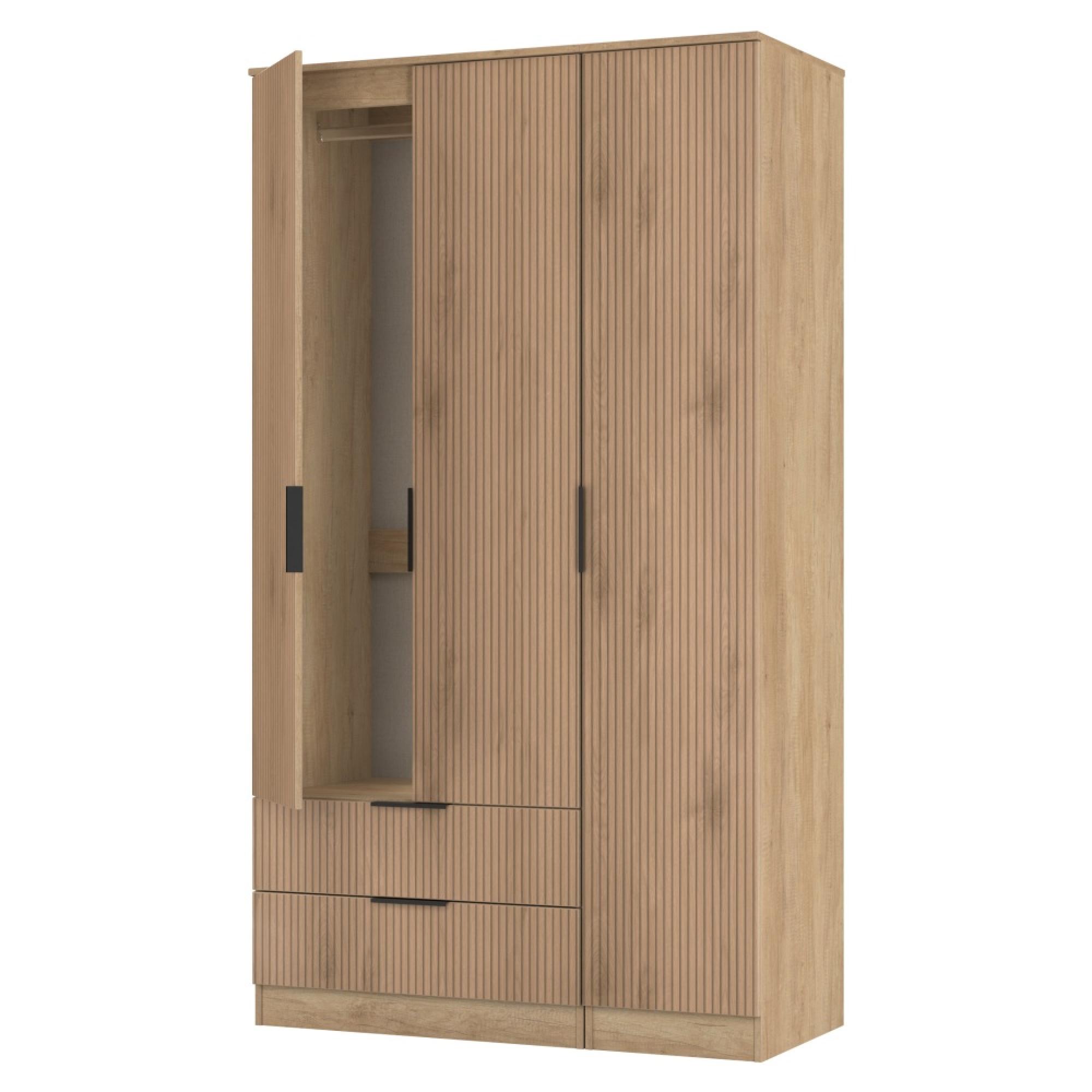 Java Fluted Wardrobe - 3 Door - 2 Drawer - Tall Triple - Natural and Nebraska