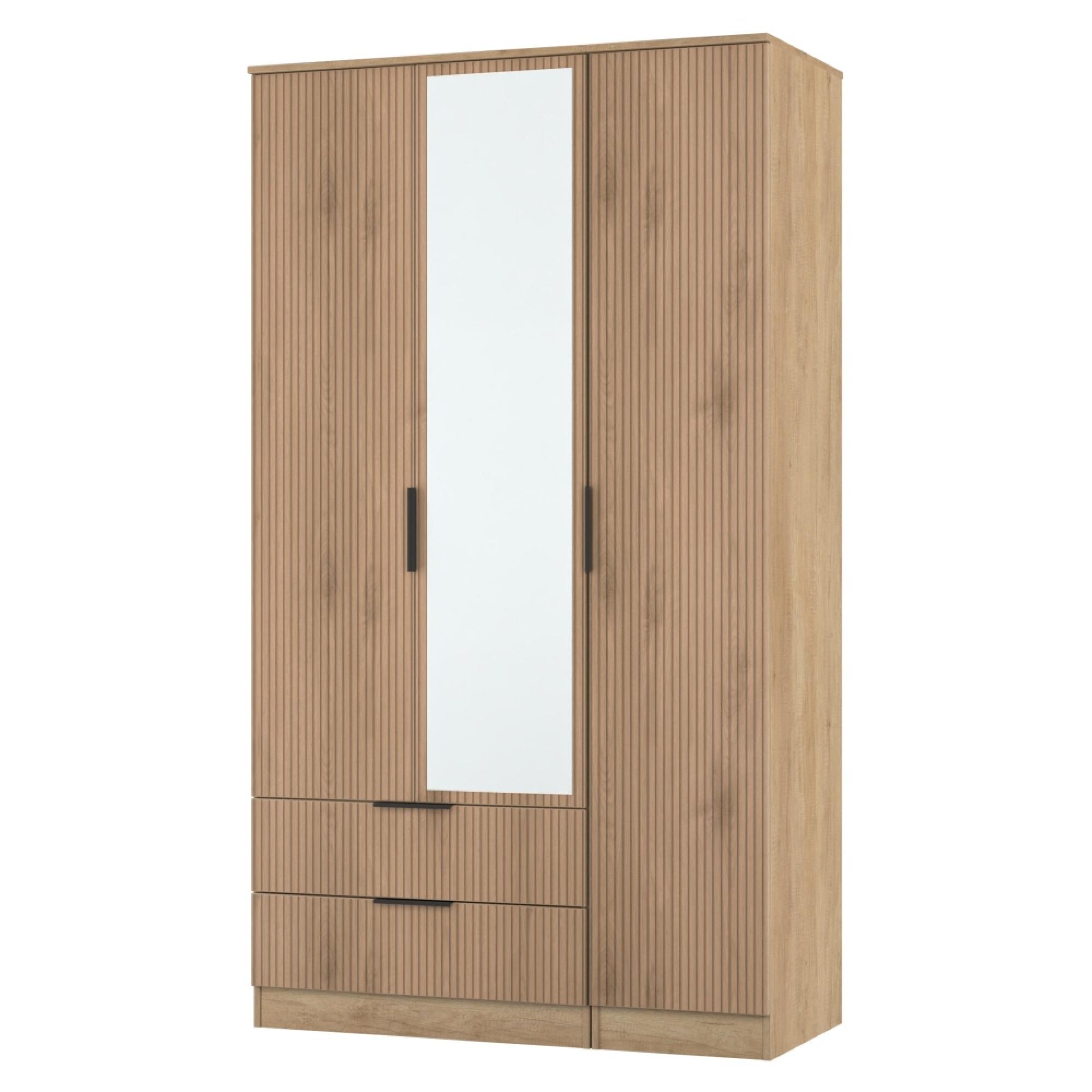 Java Fluted Wardrobe - 3 Door - Tall Triple Combi - 1 Mirror - Natural and Nebraska