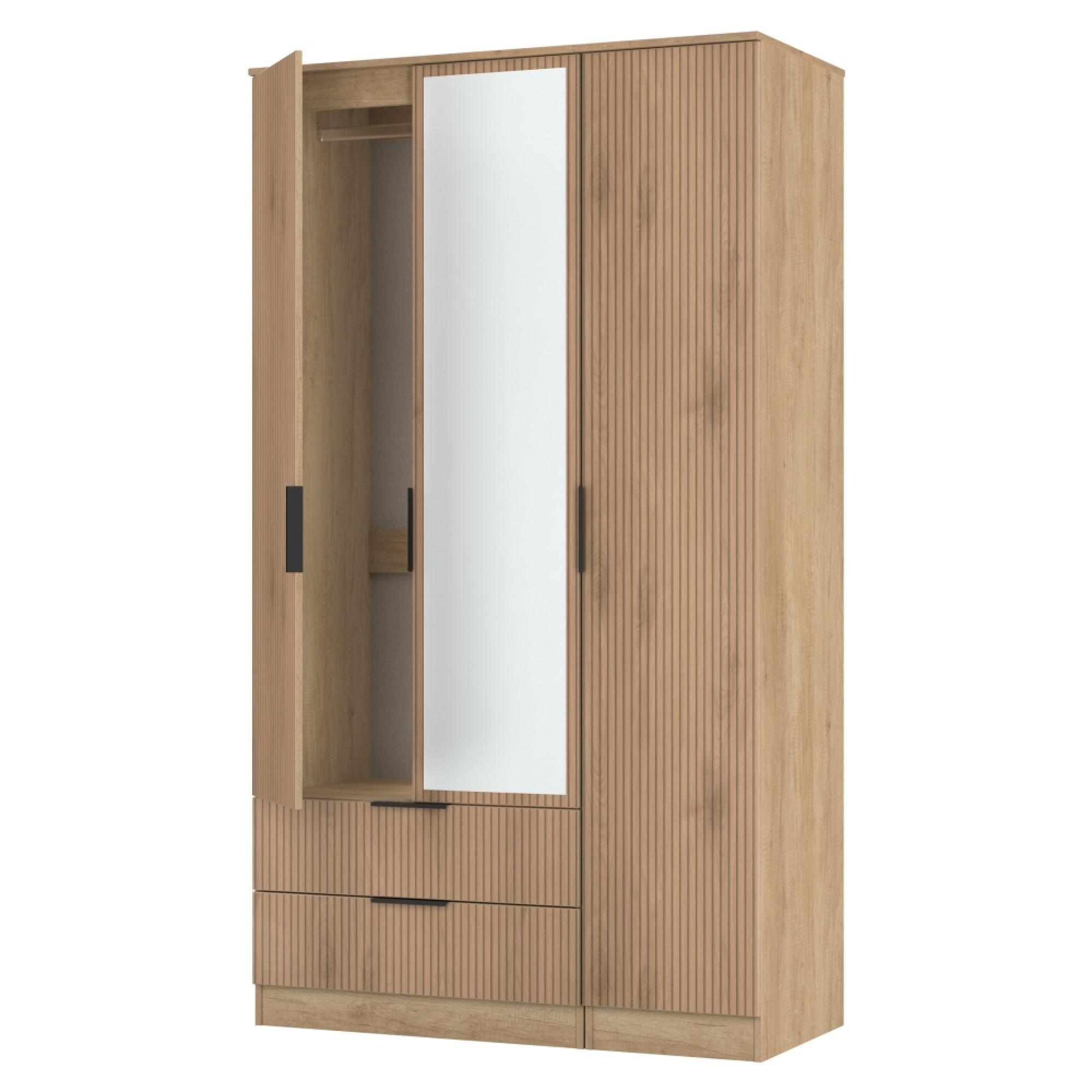 Java Fluted Wardrobe - 3 Door - Tall Triple Combi - 1 Mirror - Natural and Nebraska