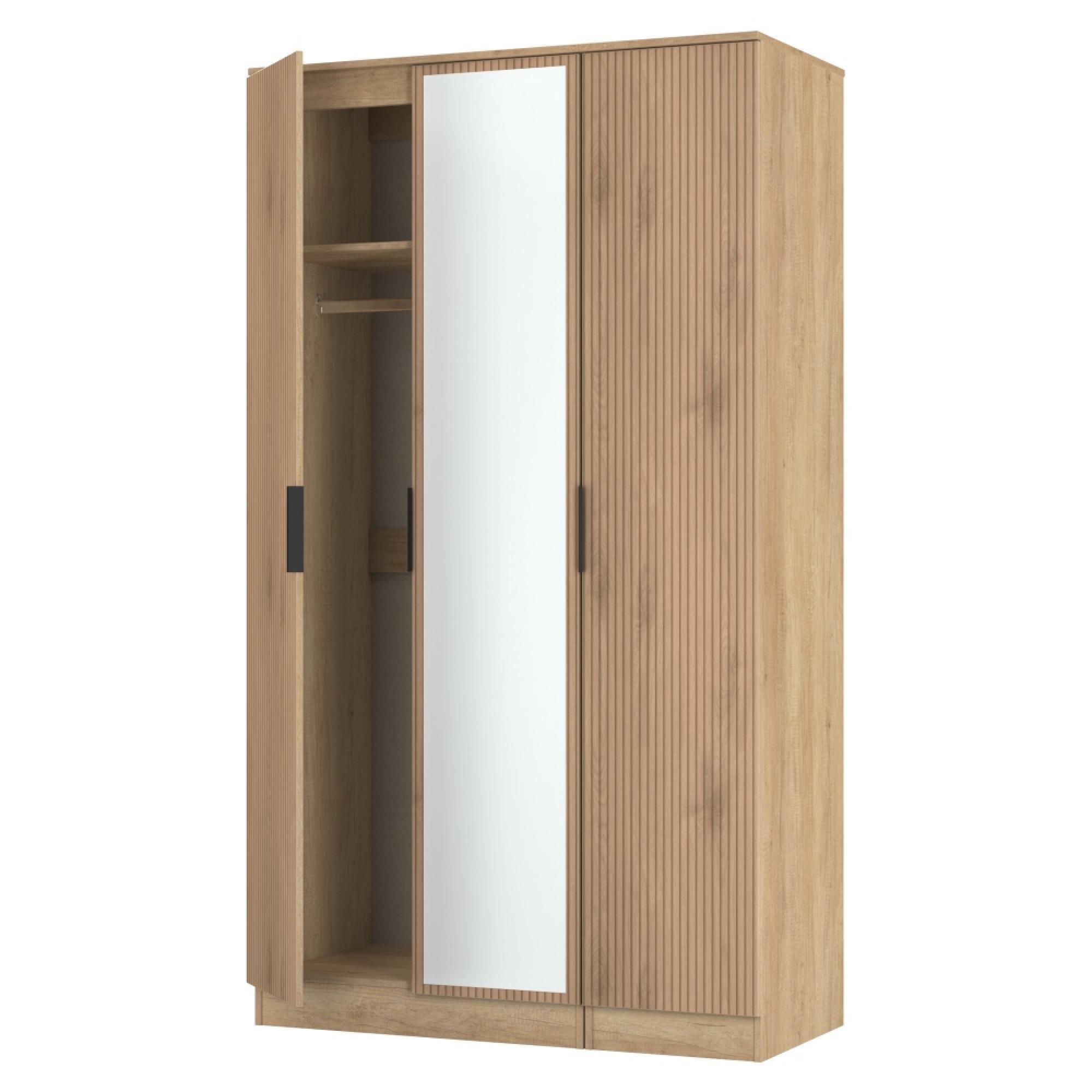 Java Fluted Wardrobe - 3 Door - Tall Triple Robe - 1 Mirror - Natural and Nebraska