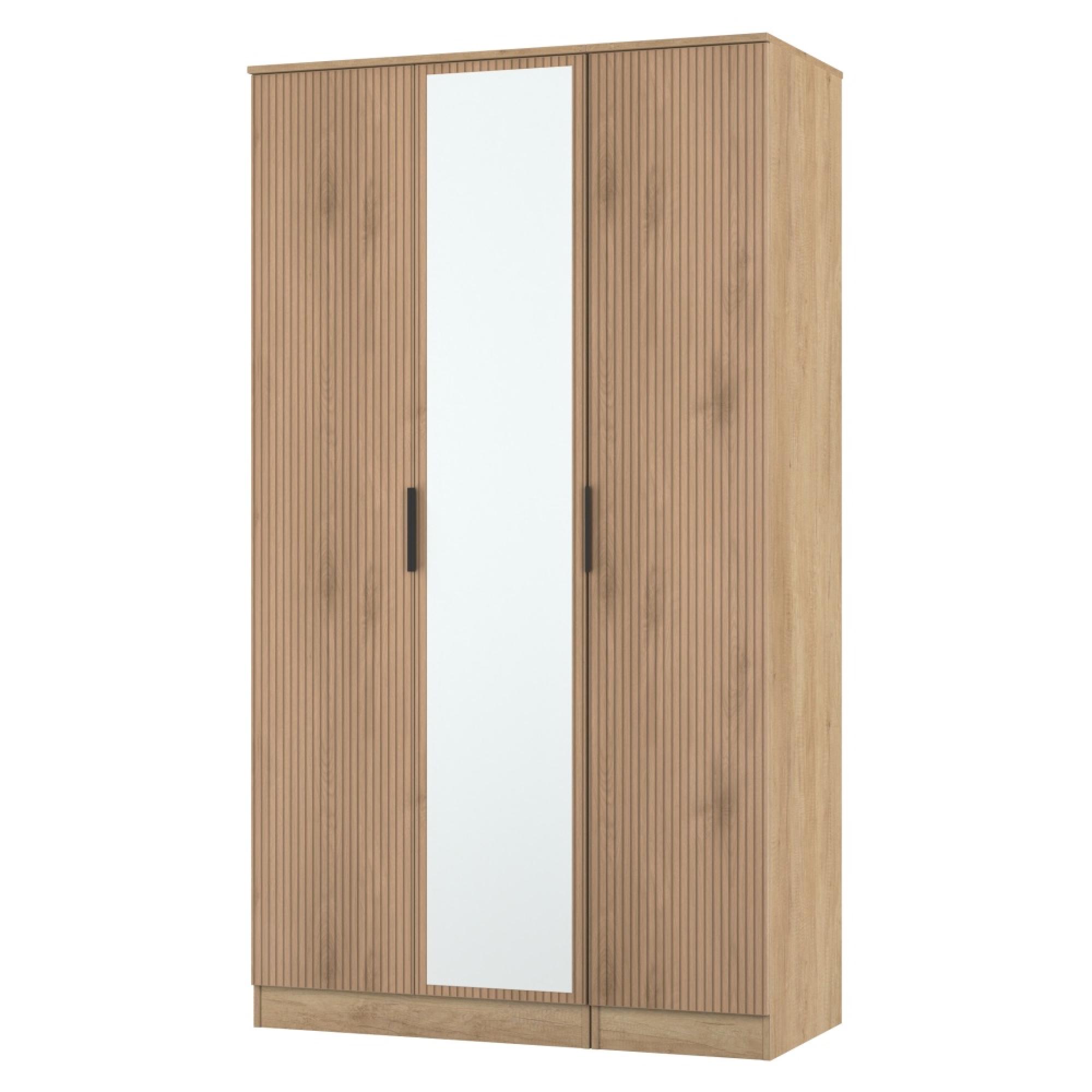 Java Fluted Wardrobe - 3 Door - Triple - 1 Mirror - Natural and Nebraska