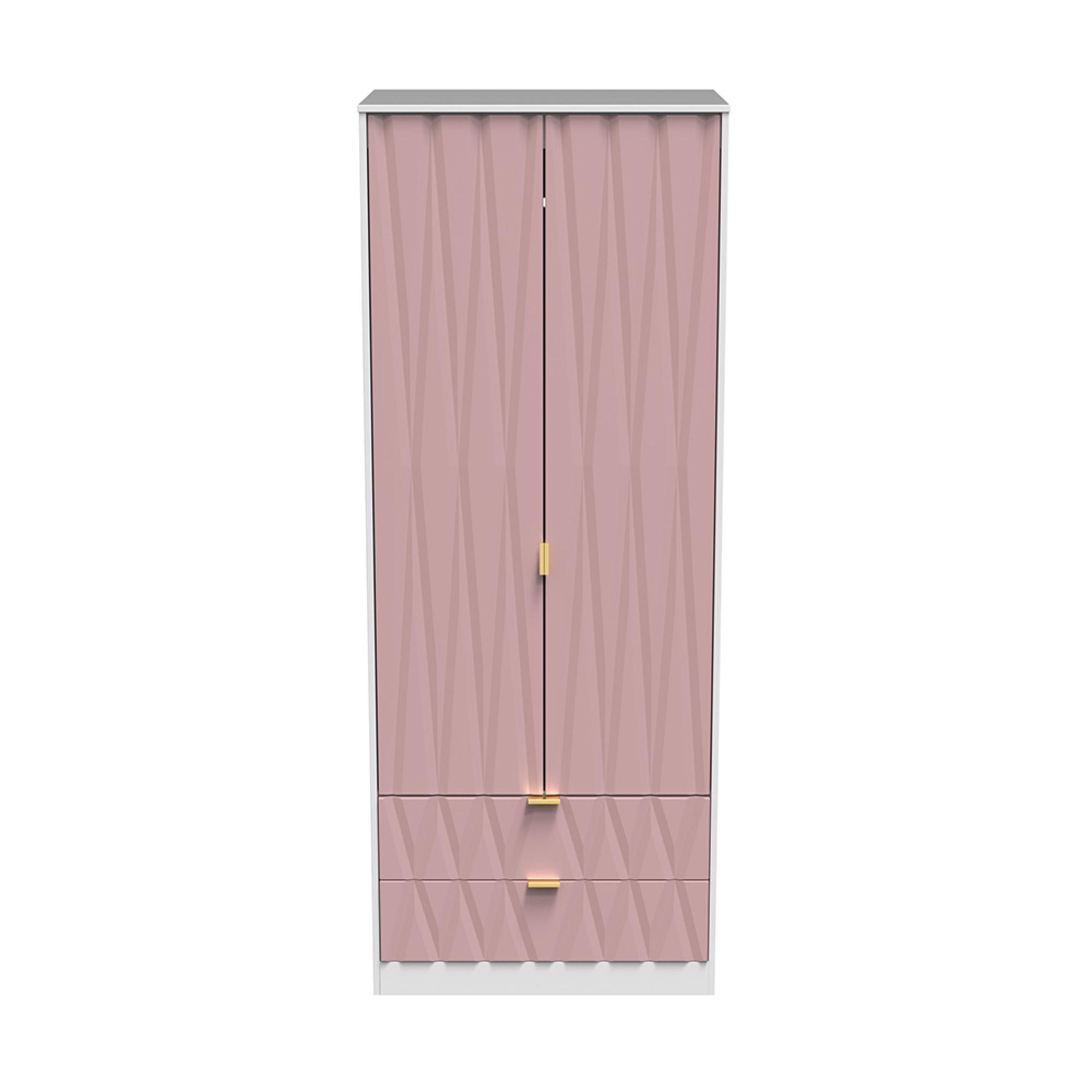 Diamond Tall Wardrobe - 2 Door - 2 Drawer - Pink and White