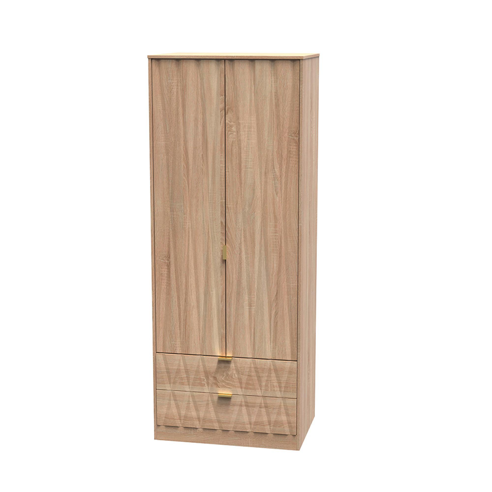 Diamond Tall Wardrobe - 2 Door - 2 Drawer - Oak