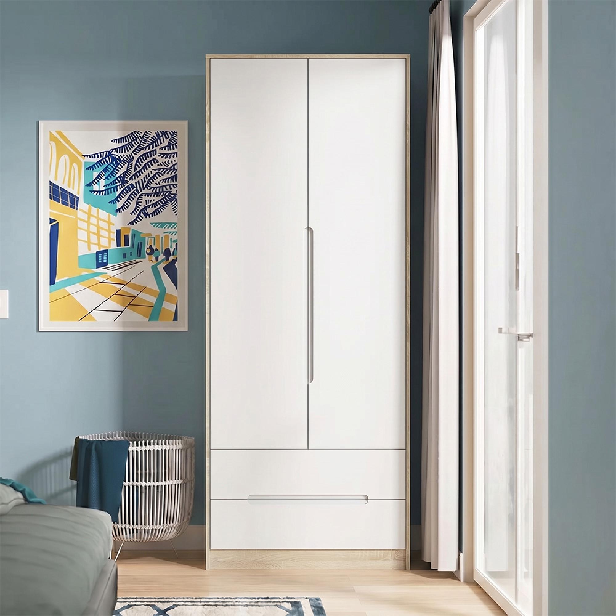 Monaco Wardrobe - 2 Door - 2 Drawer - Tall - White Matt and Oak