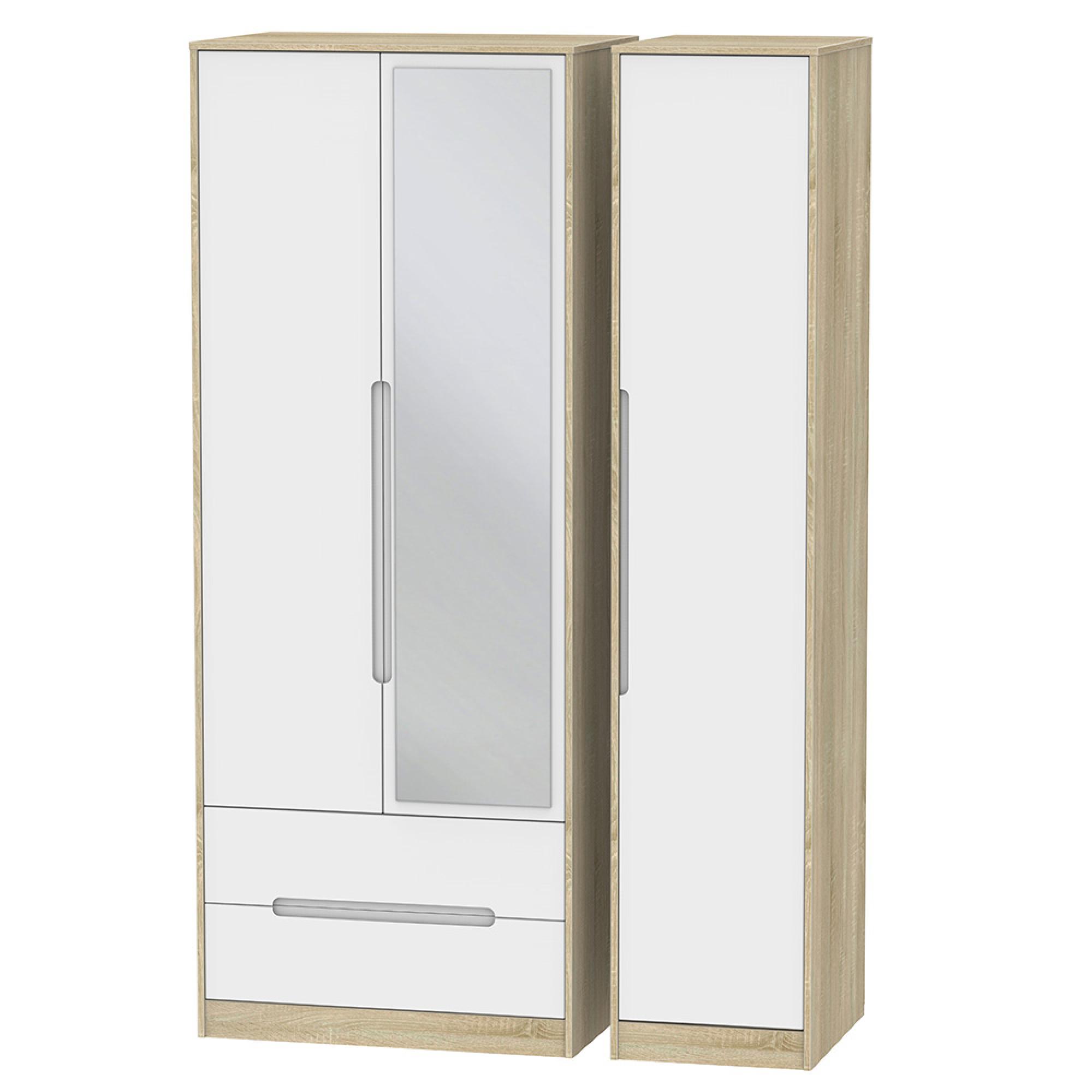 Monaco Wardrobe - 3 Door - 1 Mirror - LHF 2 Drawer - Tall - Combi - White Matt and Oak