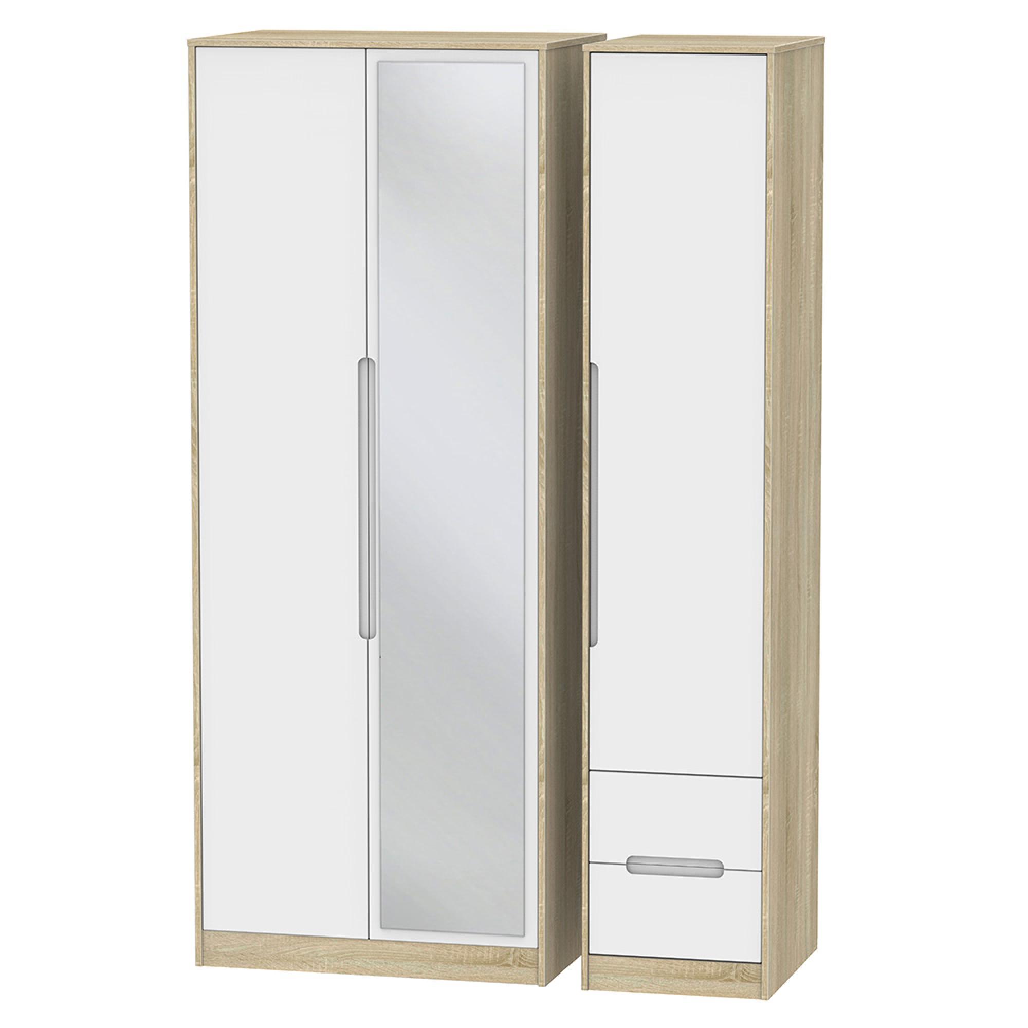Monaco Wardrobe - 3 Door - 1 Mirror - RHF 2 Drawer - Tall - Combi - White Matt and Oak