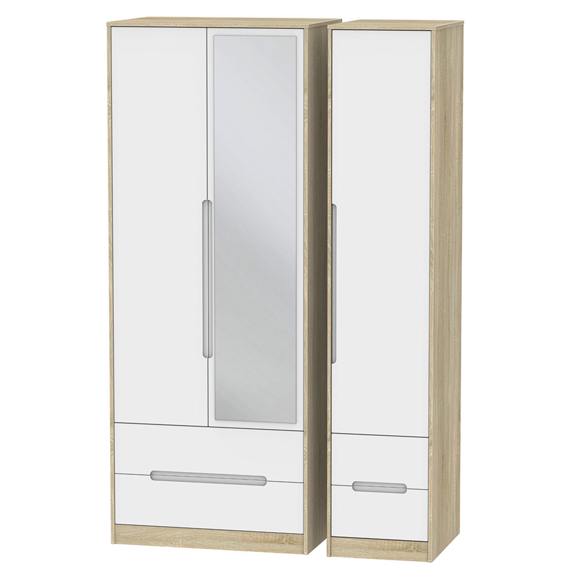 Monaco Wardrobe - 3 Door - 1 Mirror - Tall - Combi - White Matt and Oak