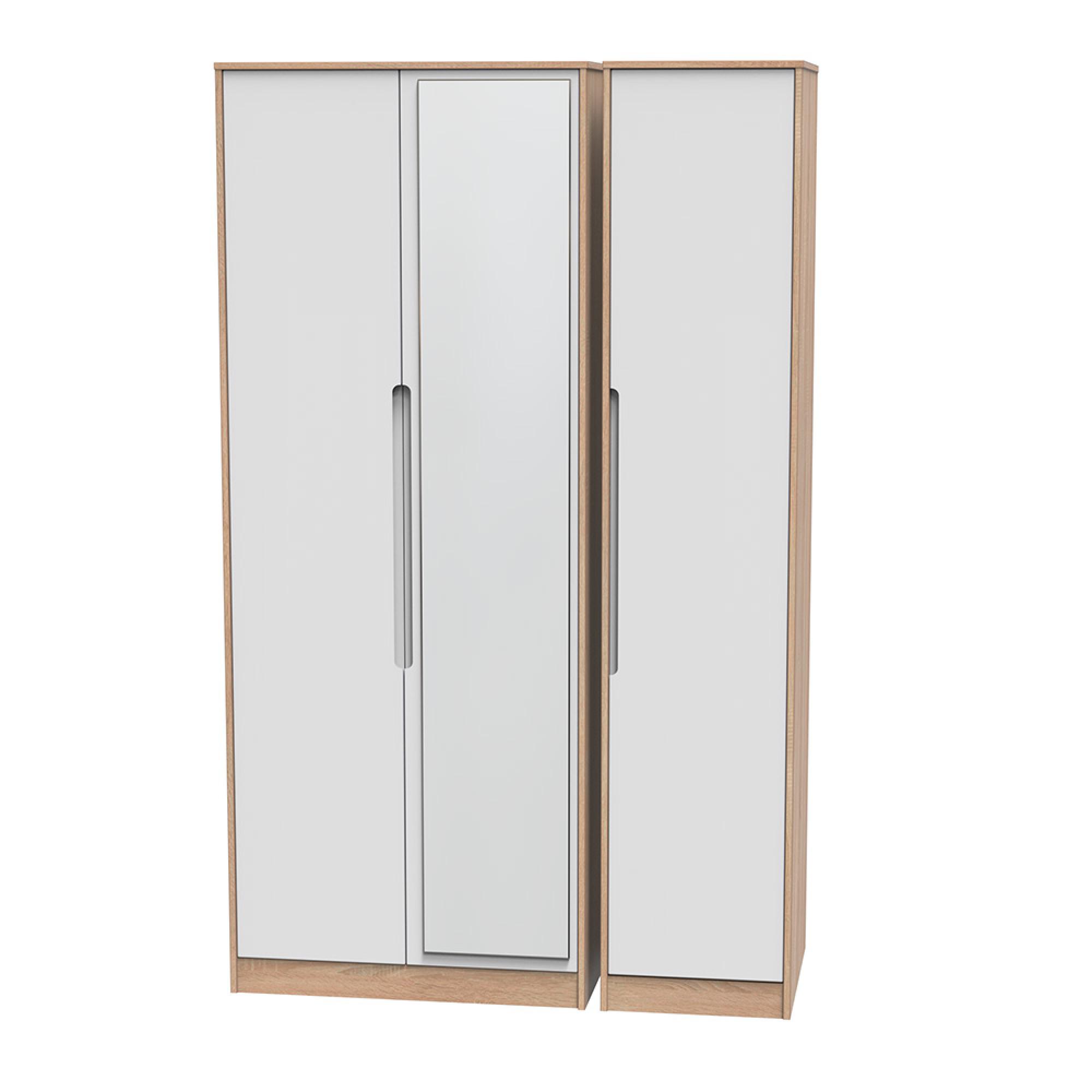 Monaco Wardrobe - 3 Door - 1 Mirror - Tall - Triple - White Matt and Oak