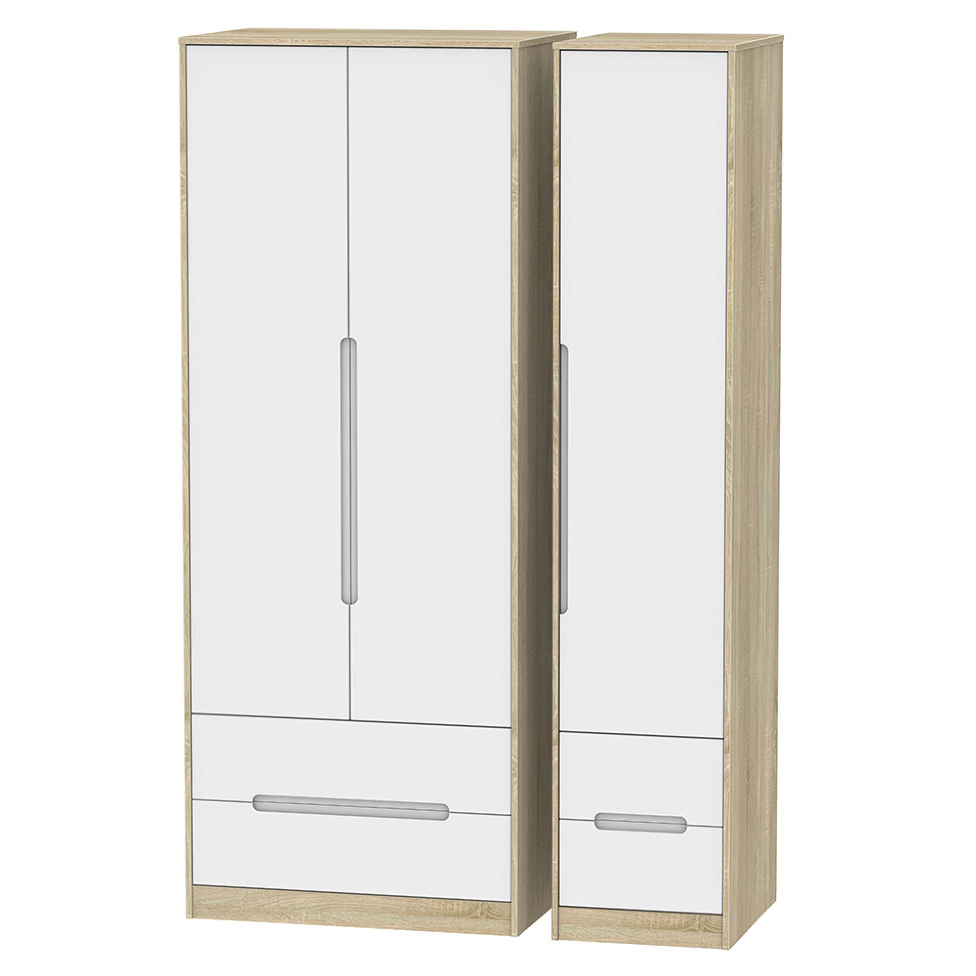 Monaco Wardrobe - 3 Door - 4 Drawer - Tall - Triple - White Matt and Oak