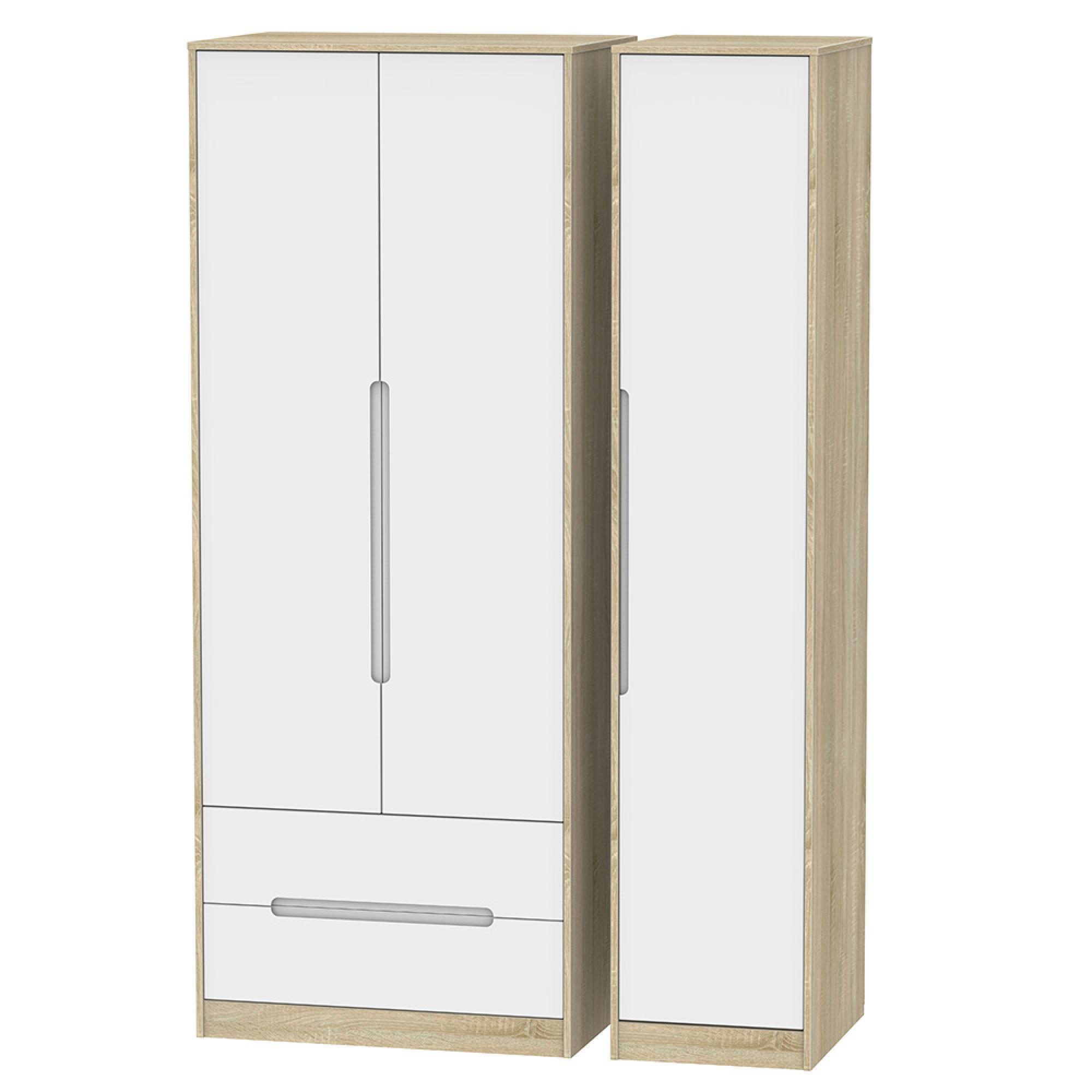 Monaco Wardrobe - 3 Door - LHF 2 Drawer - Tall - Triple - White Matt and Oak