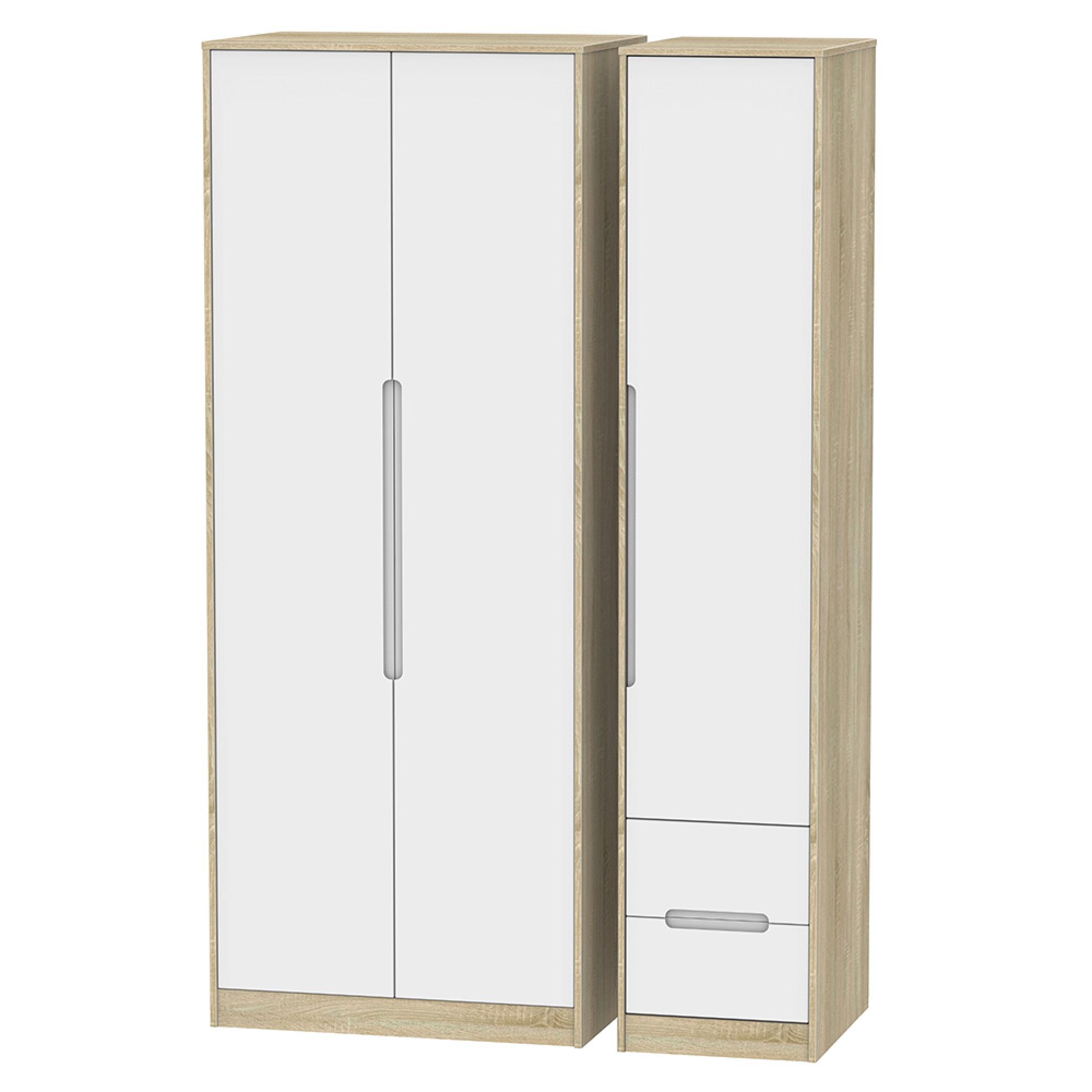 Monaco Wardrobe - 3 Door - RHF 2 Drawer - Tall - Triple - White Matt and Oak