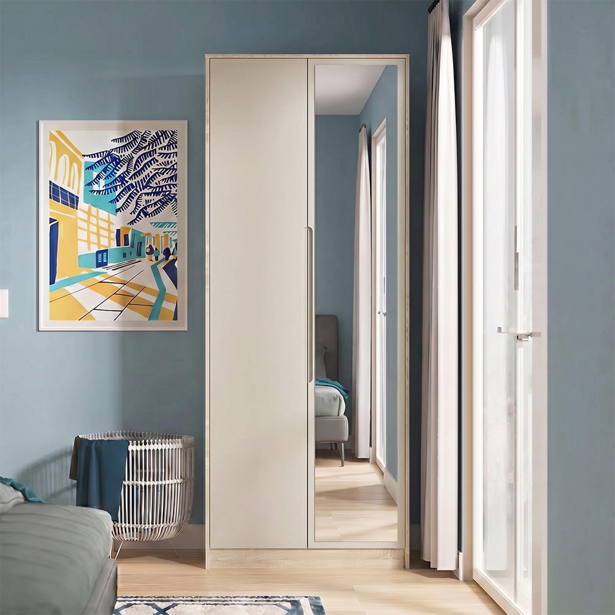 Monaco Wardrobe - 2 Door - 1 Mirror - Tall - Cashmere and Oak