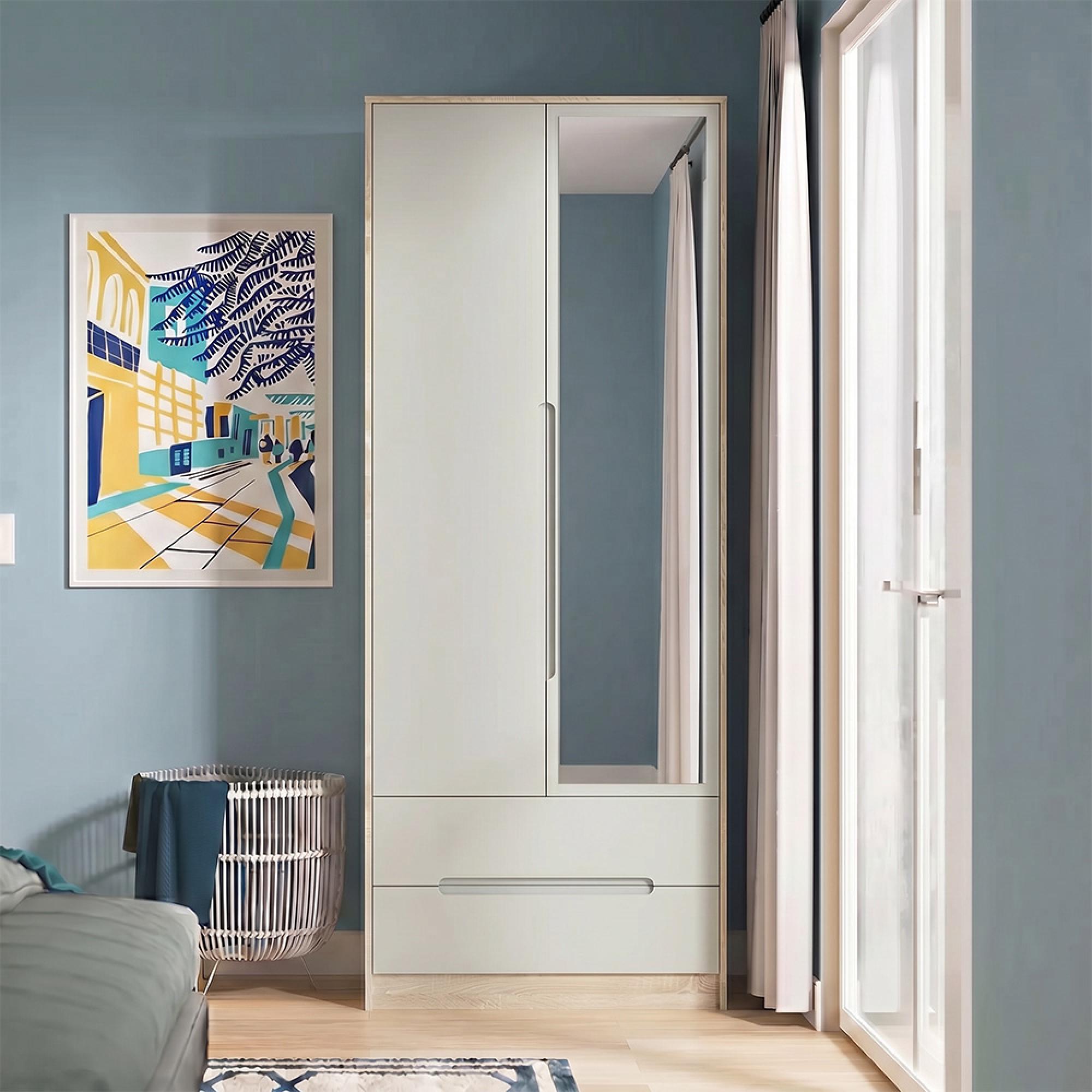 Monaco Wardrobe - 2 Door - 1 Mirror - Tall - Combi - Cashmere and Oak