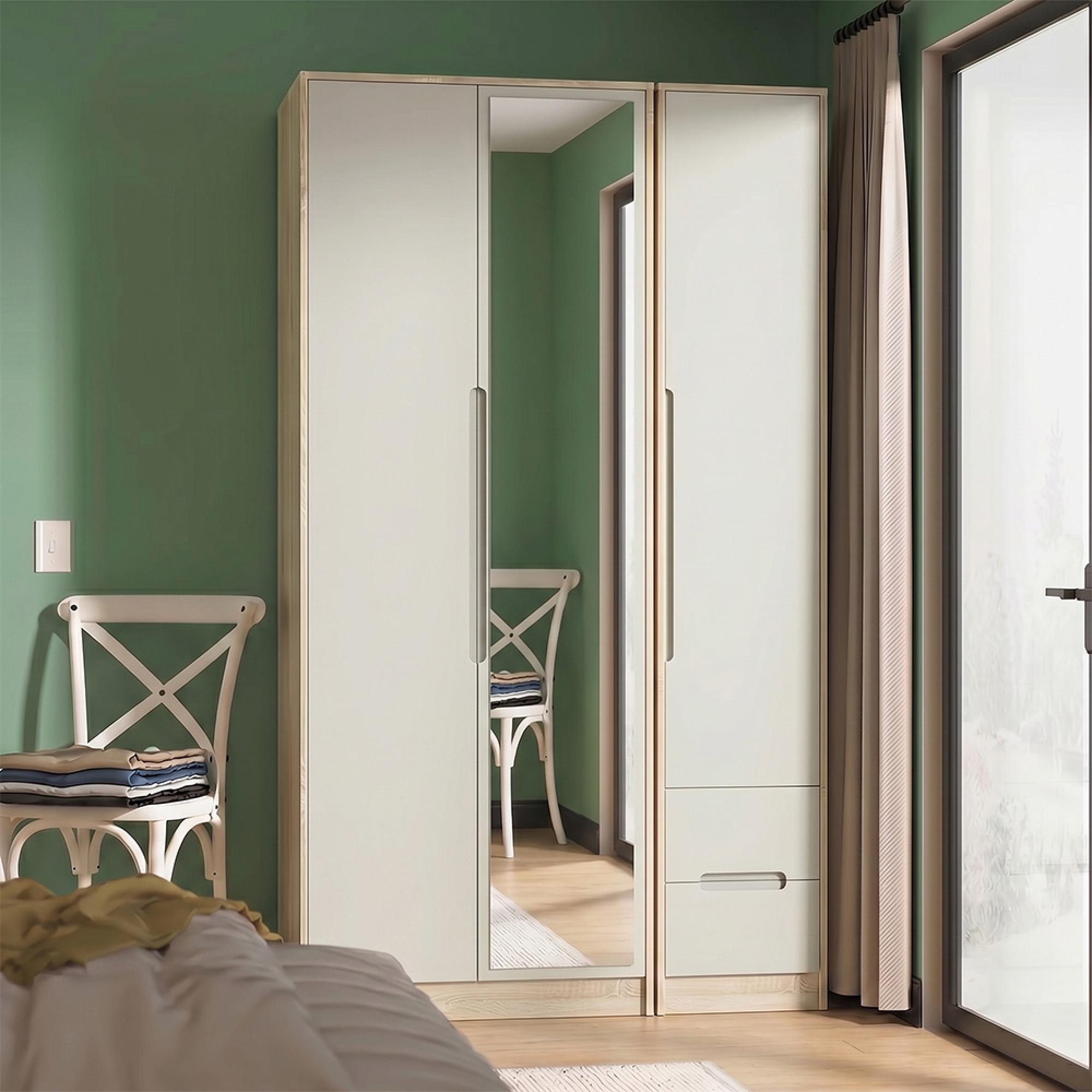 Monaco Wardrobe - 3 Door - 1 Mirror - RHF 2 Drawers - Tall - Combi - Cashmere and Oak