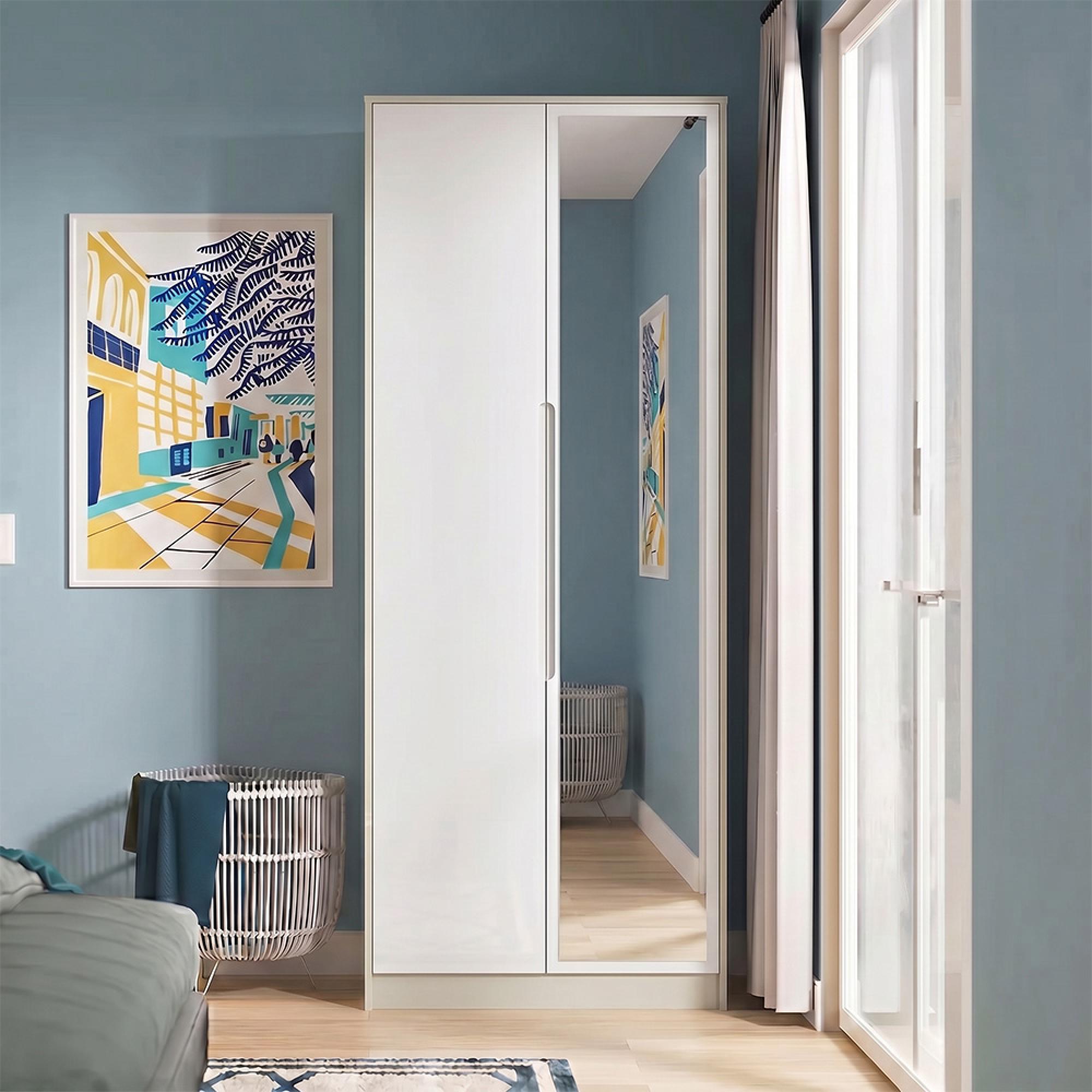 Monaco Wardrobe - 2 Door - 1 Mirror - Tall - White Gloss and Cashmere