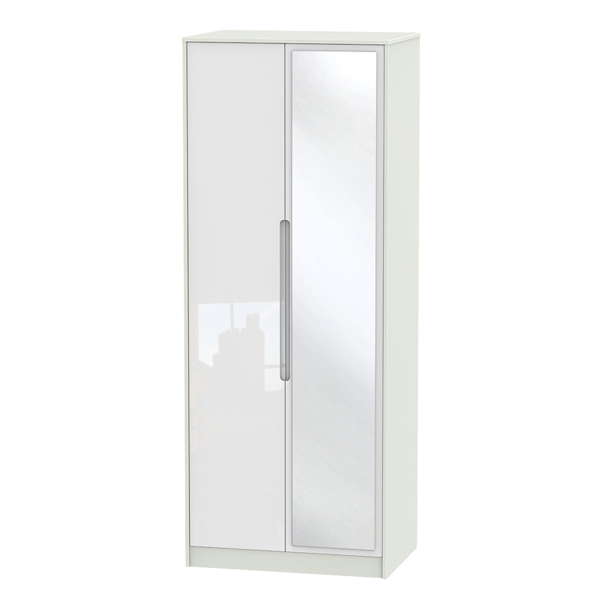 Monaco Wardrobe - 2 Door - 1 Mirror - Tall - White Gloss and Cashmere