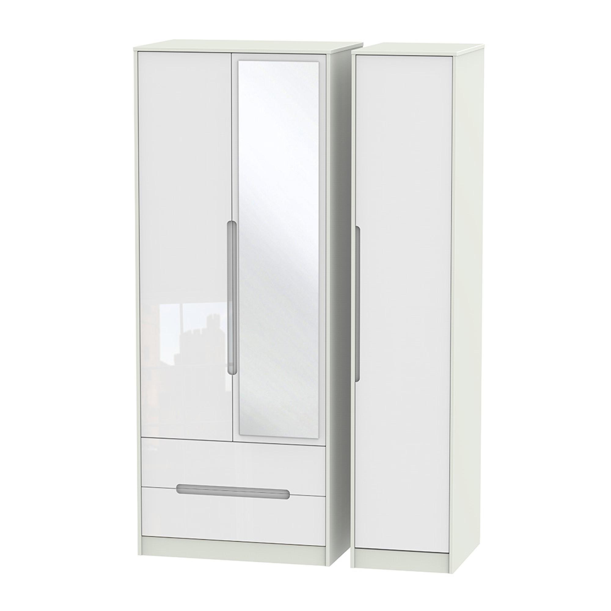 Monaco Wardrobe - 3 Door - 1 Mirror - LHF 2 Drawers - Tall - Combi - White Gloss and Cashmere