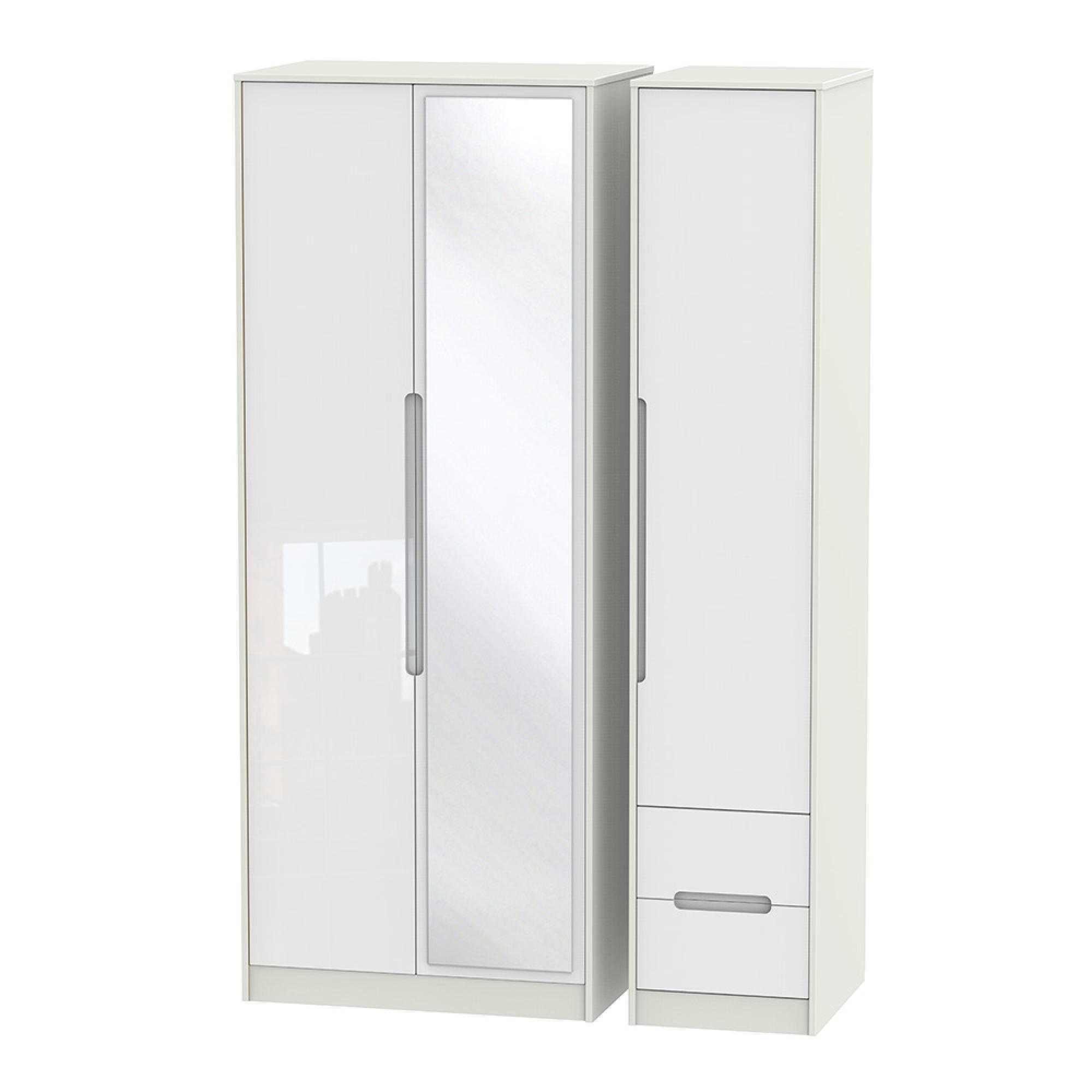 Monaco Wardrobe - 3 Door - 1 Mirror - RHF 2 Drawers - Tall - Combi - White Gloss and Cashmere