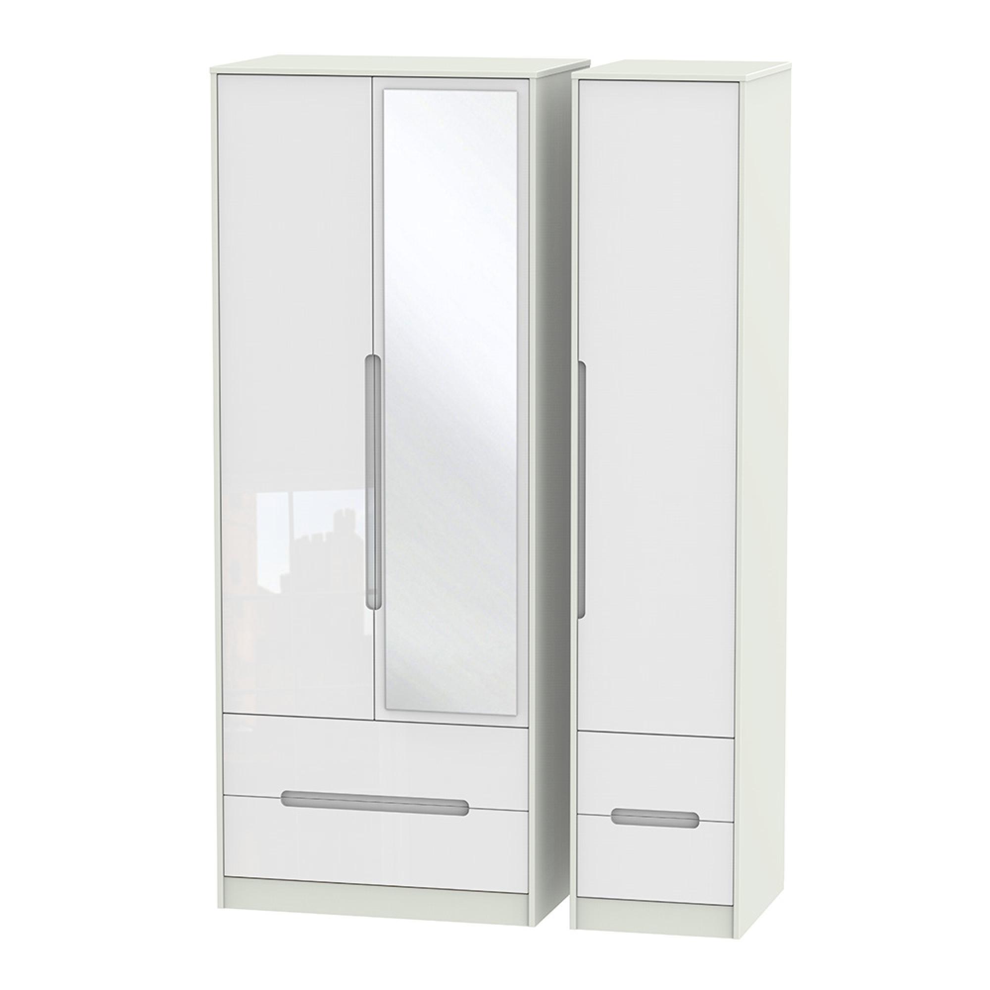 Monaco Wardrobe - 3 Door - 1 Mirror - Tall - Combi - White Gloss and Cashmere