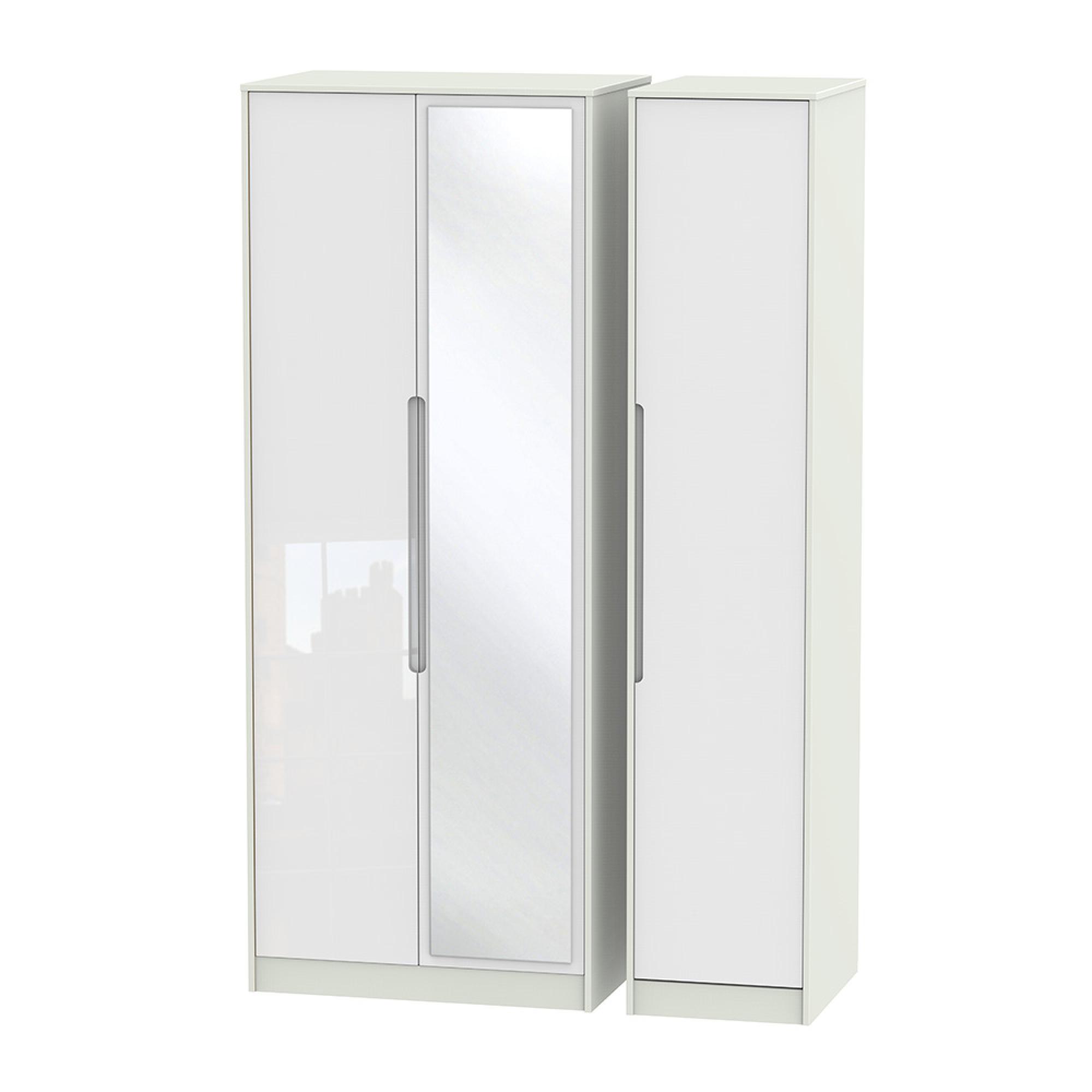 Monaco Wardrobe - 3 Door - 1 Mirror - Tall - Triple - White Gloss and Cashmere