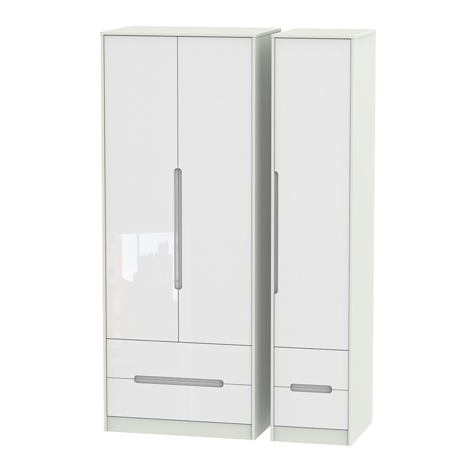 Monaco Wardrobe - 3 Door - 4 Drawers - Tall - Triple - White Gloss and Cashmere