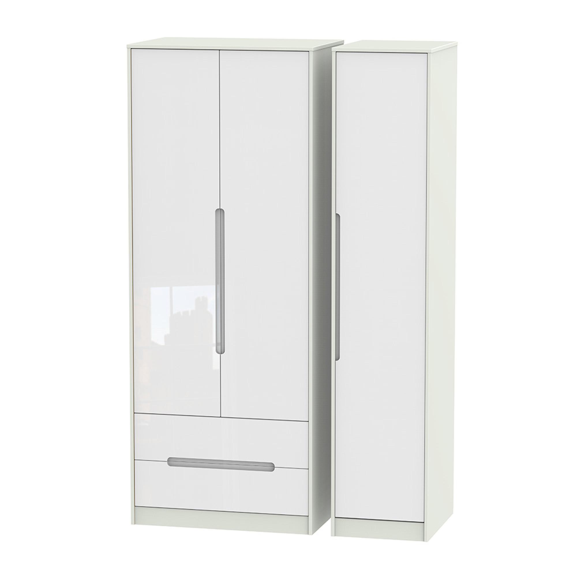 Monaco Wardrobe - 3 Door - LHF 2 Drawers - Tall - Triple - White Gloss and Cashmere