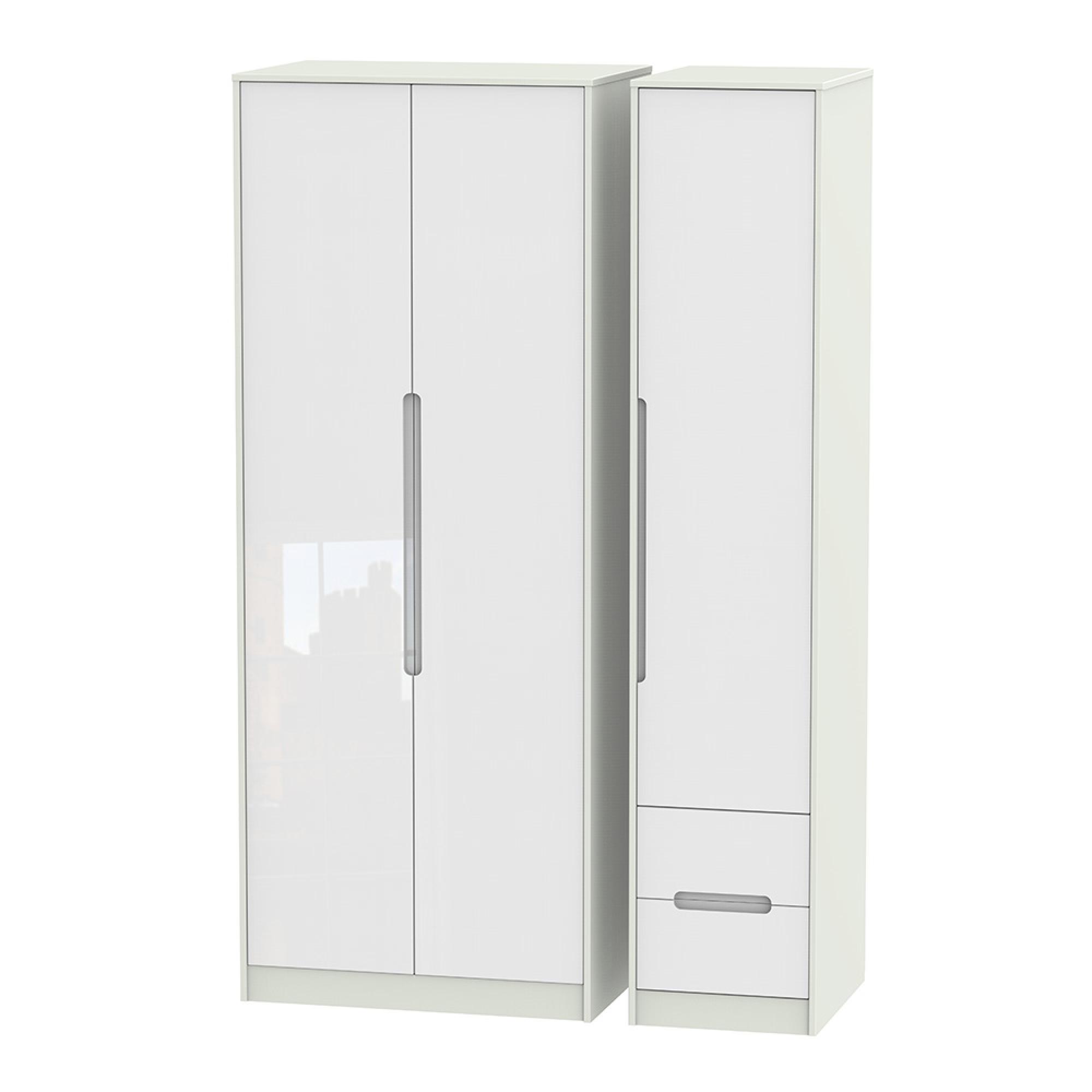 Monaco Wardrobe - 3 Door - RHF 2 Drawers - Tall - Triple - White Gloss and Cashmere
