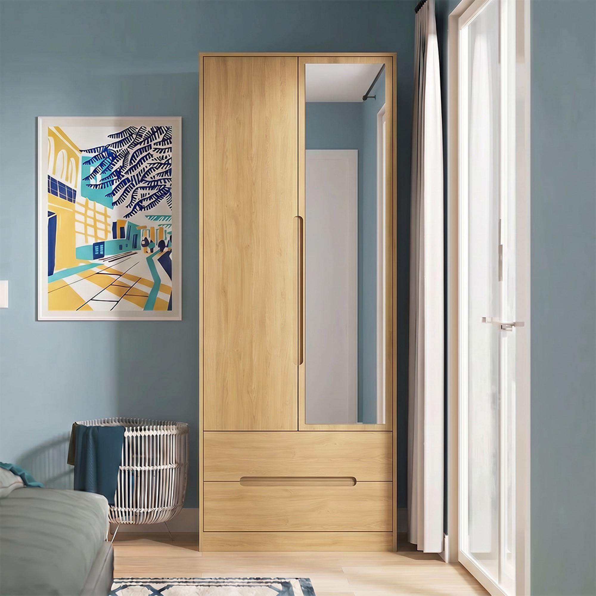 Monaco Wardrobe - 2 Door - 1 Mirror - Tall - Combi - Modern Oak