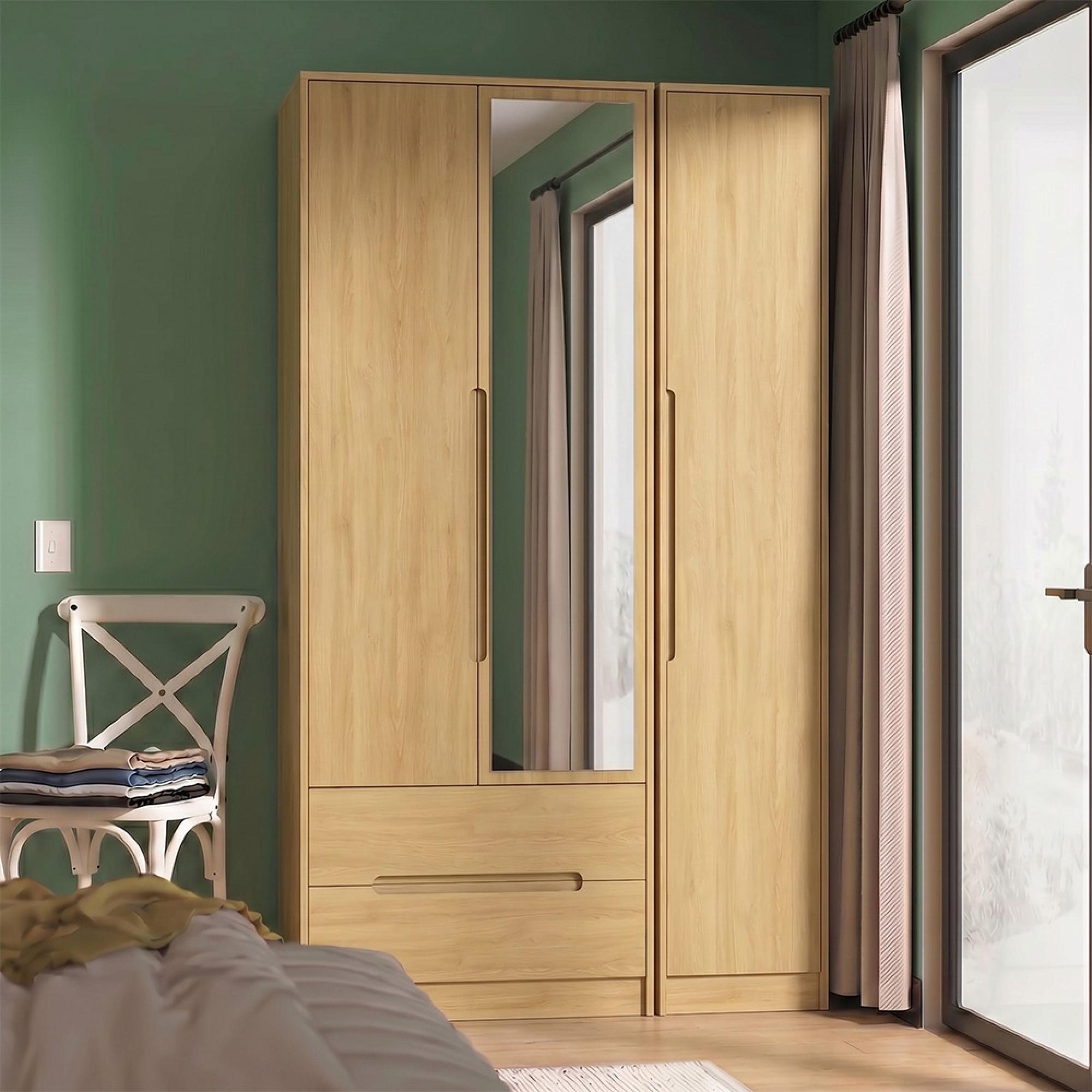 Monaco Wardrobe - 3 Door - 1 Mirror - LHF 2 Drawer - Tall - Combi - Modern Oak