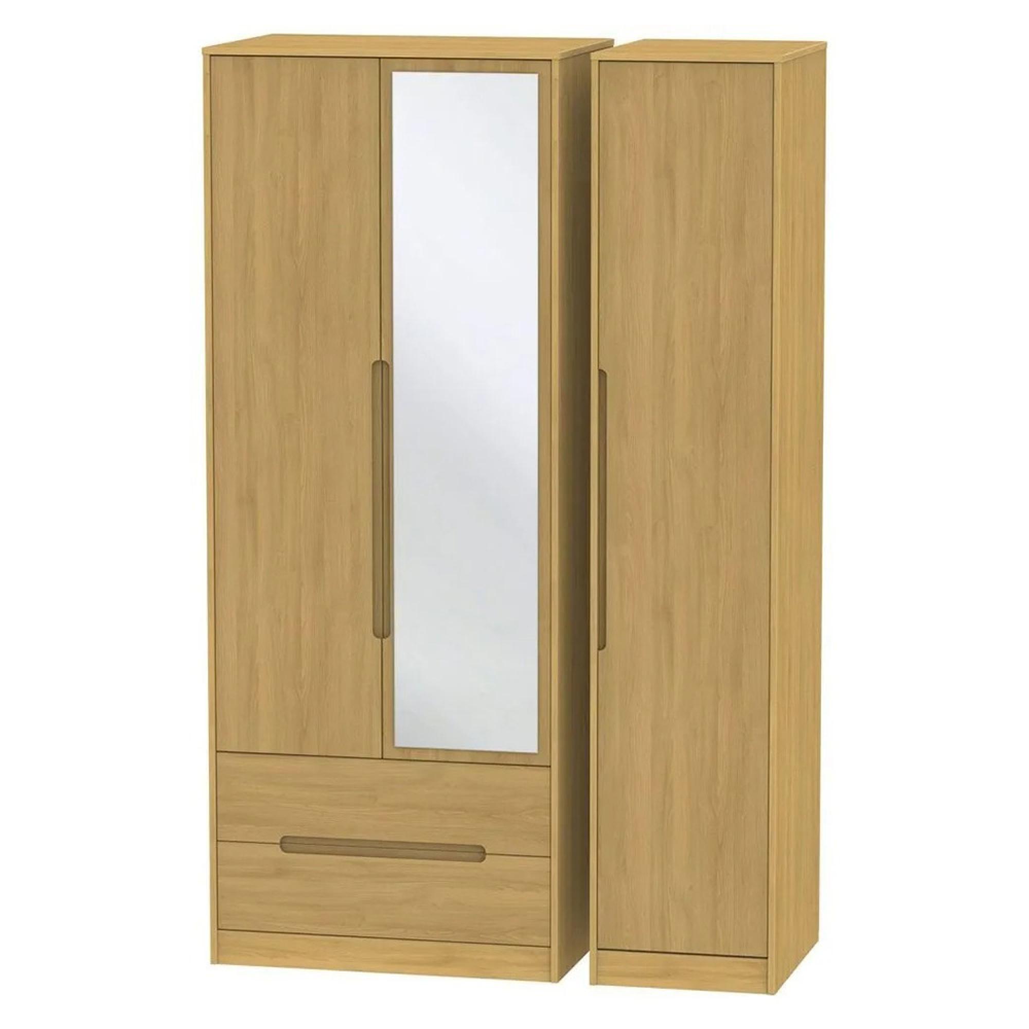 Monaco Wardrobe - 3 Door - 1 Mirror - LHF 2 Drawer - Tall - Combi - Modern Oak
