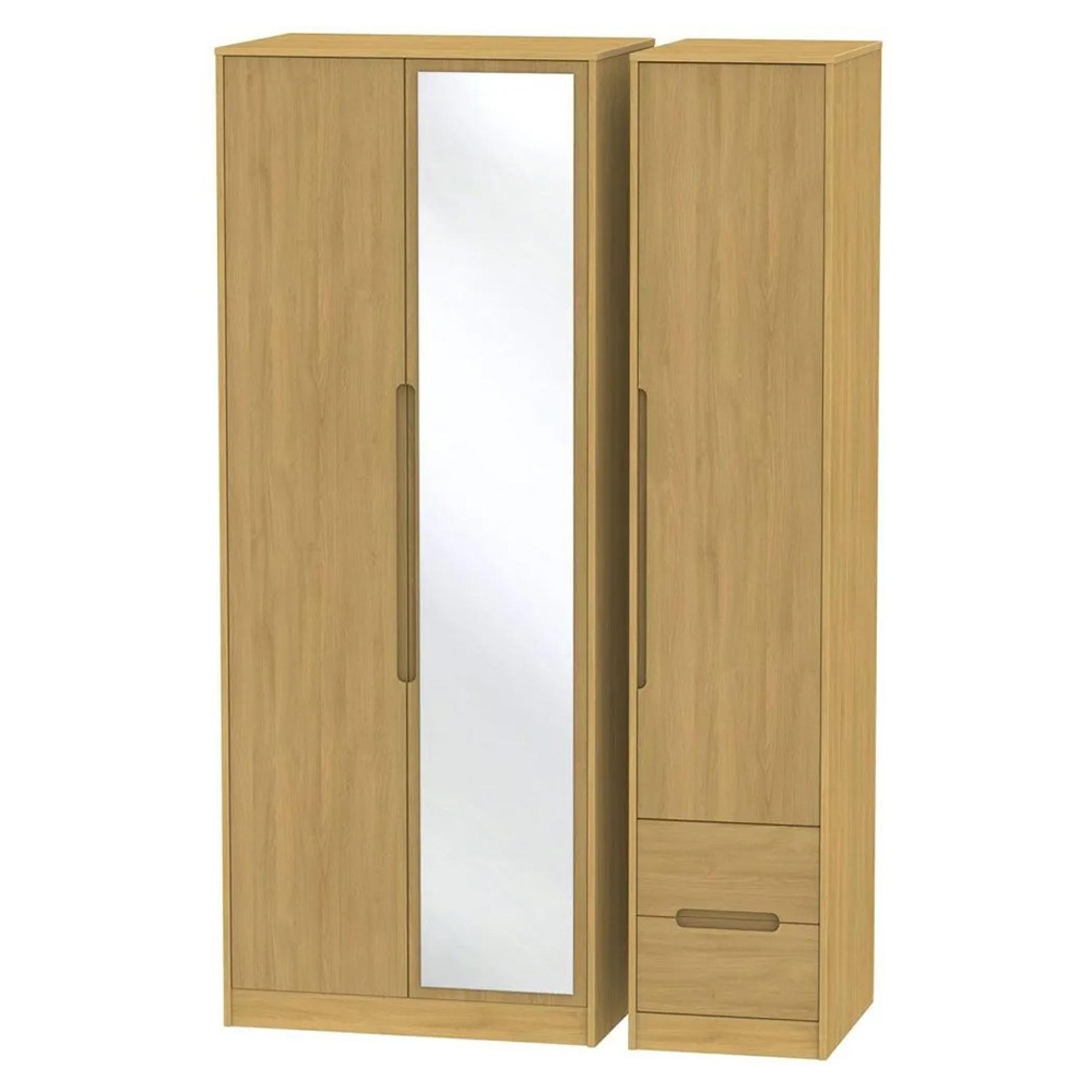 Monaco Wardrobe - 3 Door - 1 Mirror - RHF 2 Drawer - Tall - Combi - Modern Oak