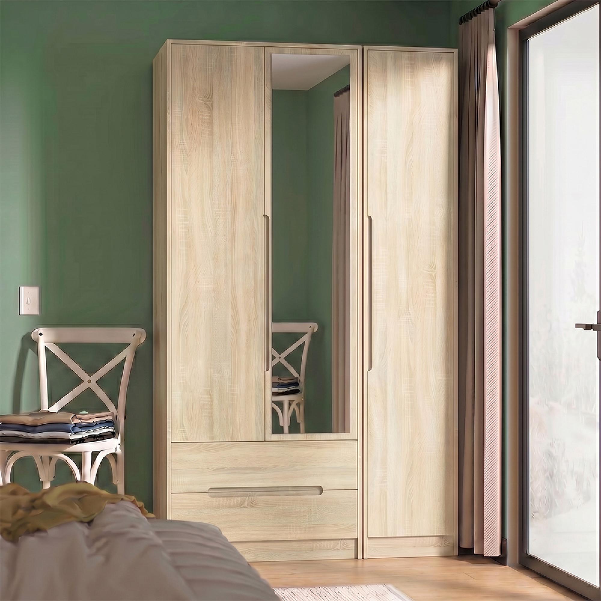 Monaco Wardrobe - 3 Door - 1 Mirror - LHF 2 Drawer - Tall - Combi - Oak
