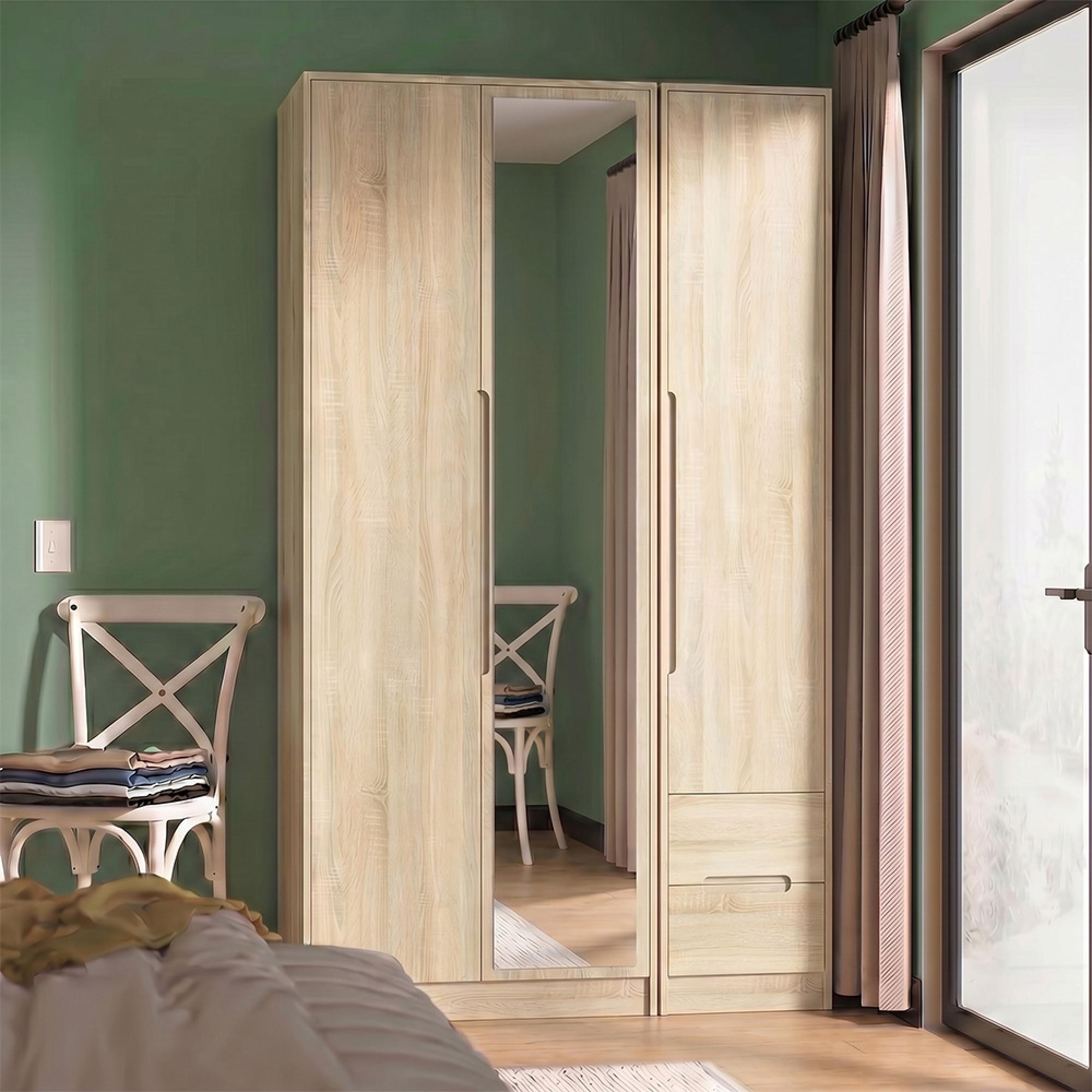 Monaco Wardrobe - 3 Door - 1 Mirror - RHF 2 Drawer - Tall - Combi - Oak