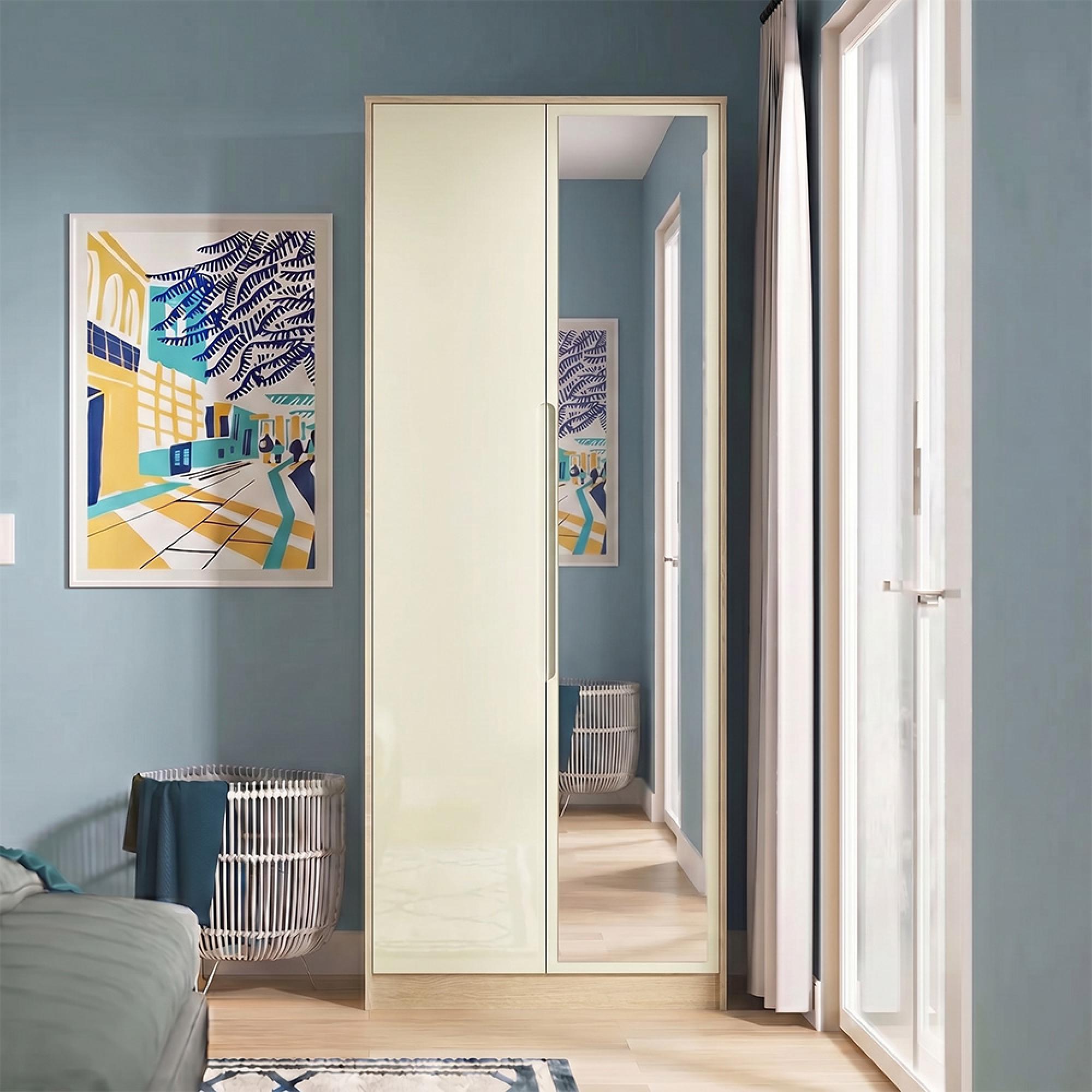 Monaco Wardrobe - 2 Door - 1 Mirror - Tall - Cream Gloss and Light Oak