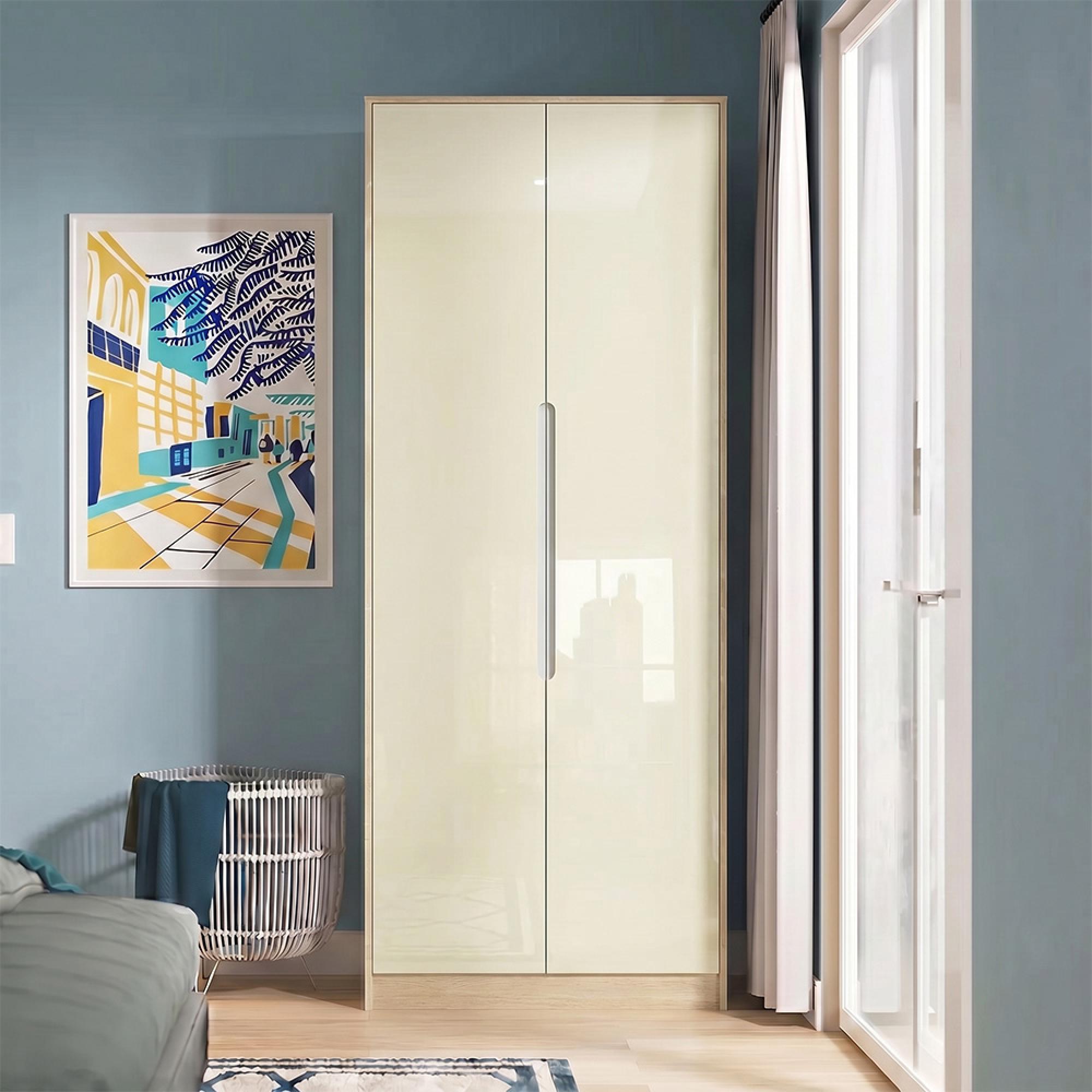 Monaco Wardrobe - 2 Door - Plain - Tall - Cream Gloss and Light Oak