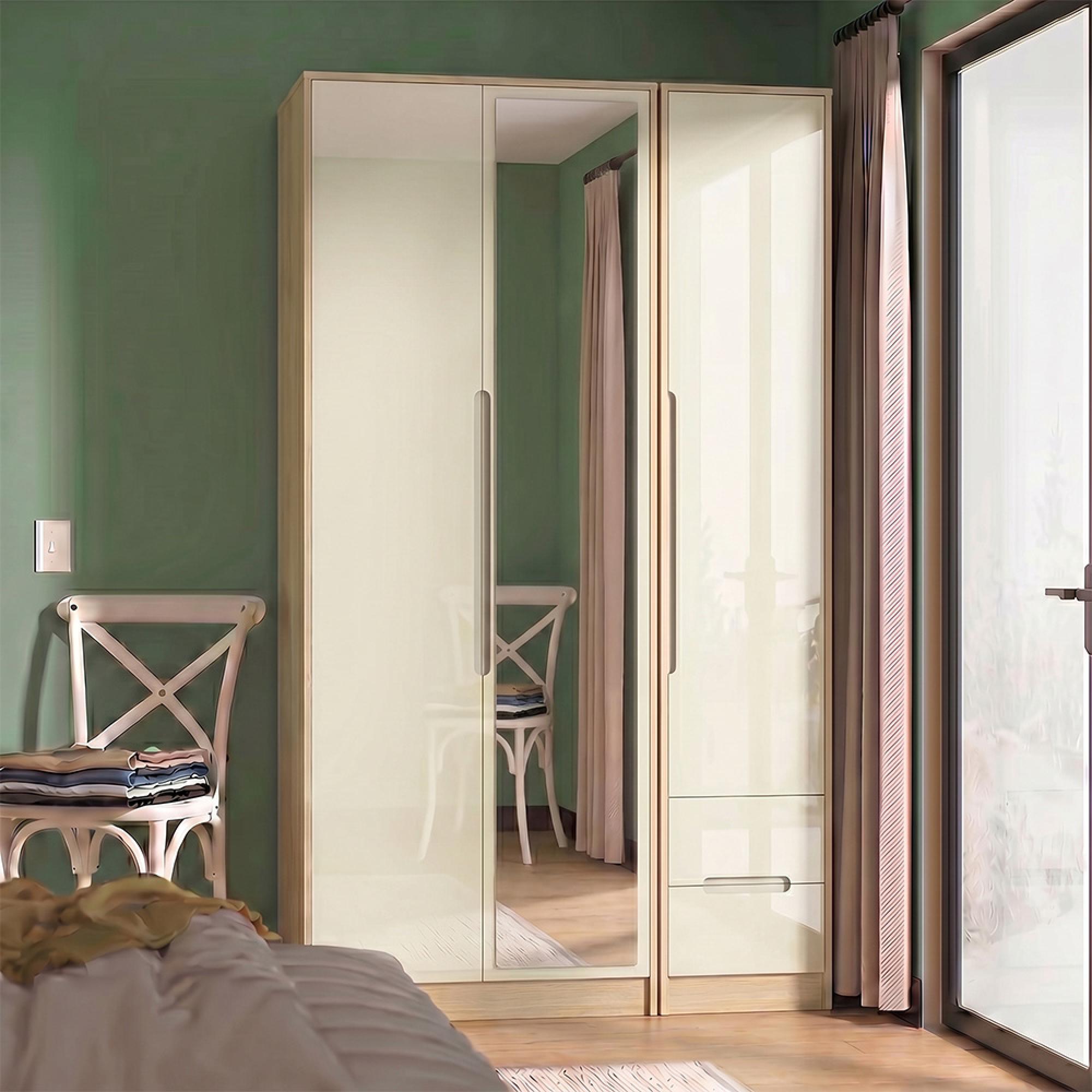 Monaco Wardrobe - 3 Door - 1 Mirror - RHF 2 Drawers - Tall - Combi - Cream Gloss and Light Oak