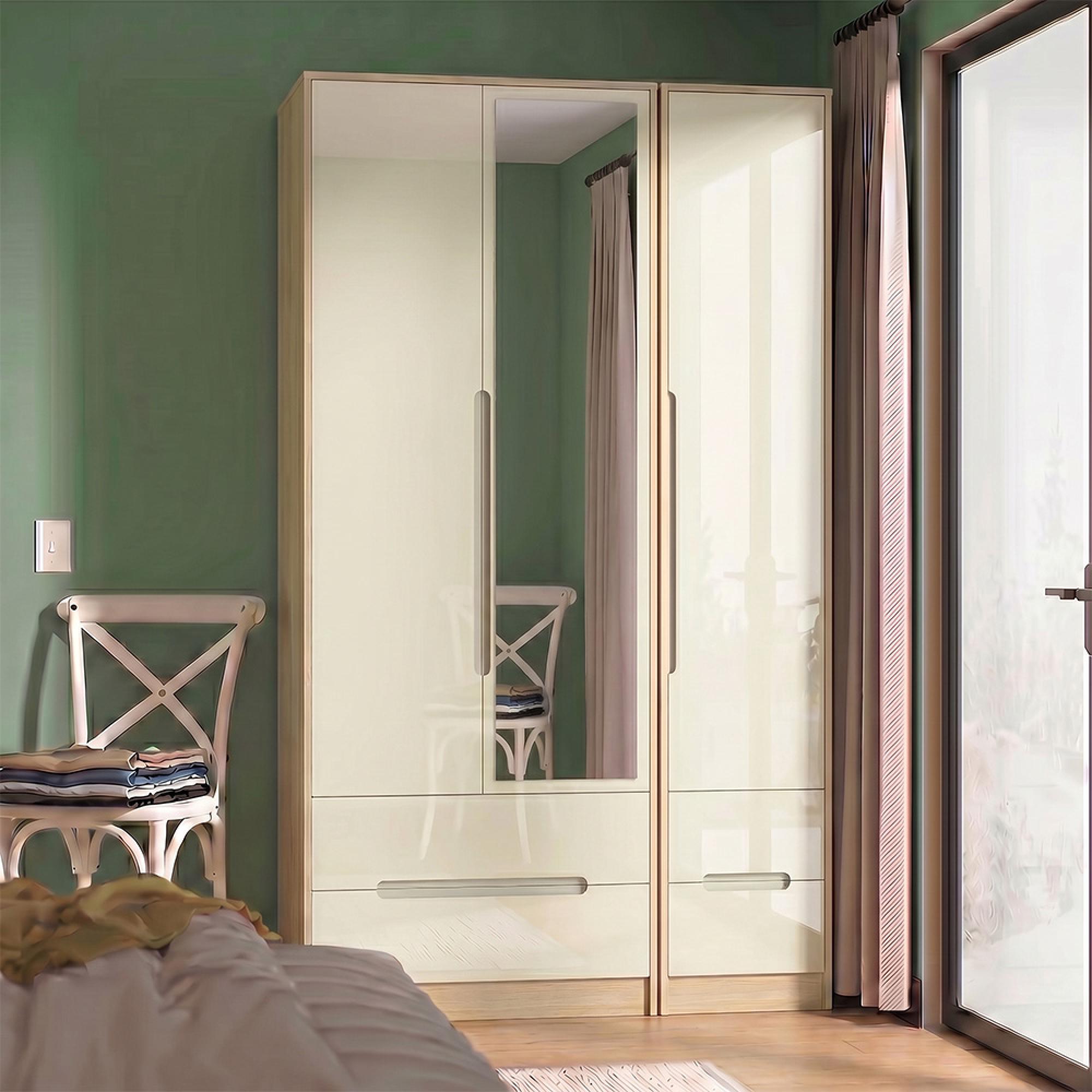 Monaco Wardrobe - 3 Door - 1 Mirror - Tall - Combi - Cream Gloss and Light Oak